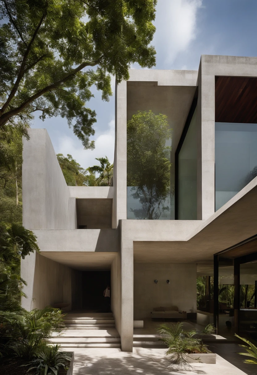 Single-family duplex house next to water bodies and forests in tropical climates, Photo of a modern house in Mexico, bathed in daylight, featuring brutalist architecture with massive concrete structures and sharp angles... The house stands in stark contrast to the natural surroundings, creating a powerful visual impact... A group of friends gathers in the courtyard, adding a human dimension to the imposing structure... The harsh sunlight casts dramatic shadows, emphasizing the raw beauty of the design... --ar 16:9 --c 3 --q 5 --s 1000