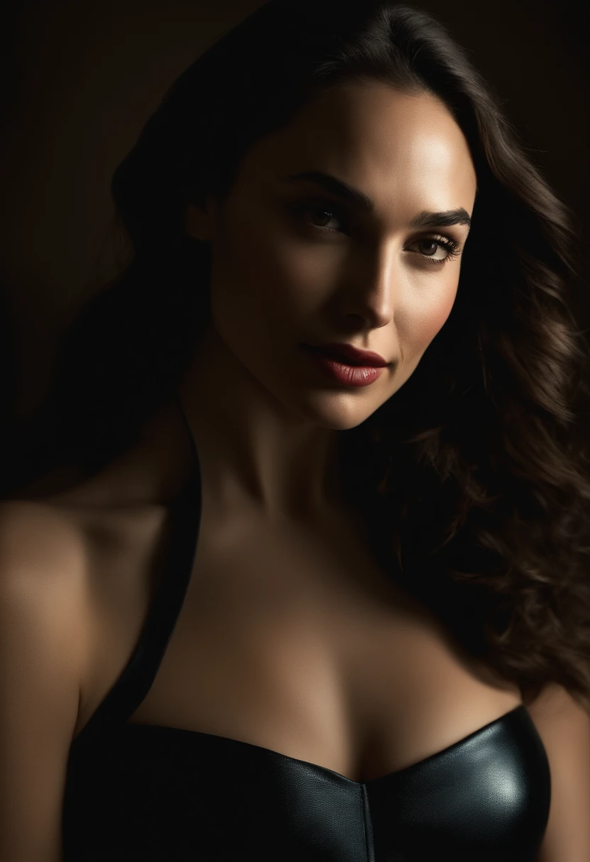 Gal Gadot, Mujer maravilla, La mejor calidad, obra maestra, ultra-high-resolution, (fotorrealista: 1.5), foto en bruto, 1girl, offshoulder, en la oscuridad, sombra profunda, discreto, cool light, aspecto sexy, cabello corto
