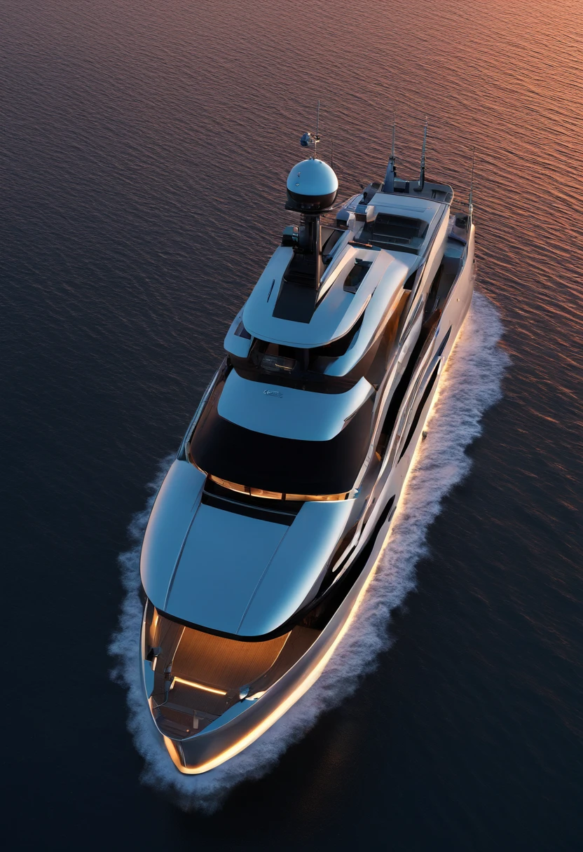 Create a captivating image of a mega luxury yacht photographed from a bird's-eye view at sunrise, surrounded by the mist of a tranquil bay in the Maldives. The ethereal atmosphere, captured with drone photography, should evoke the style of Jimmy Chin.