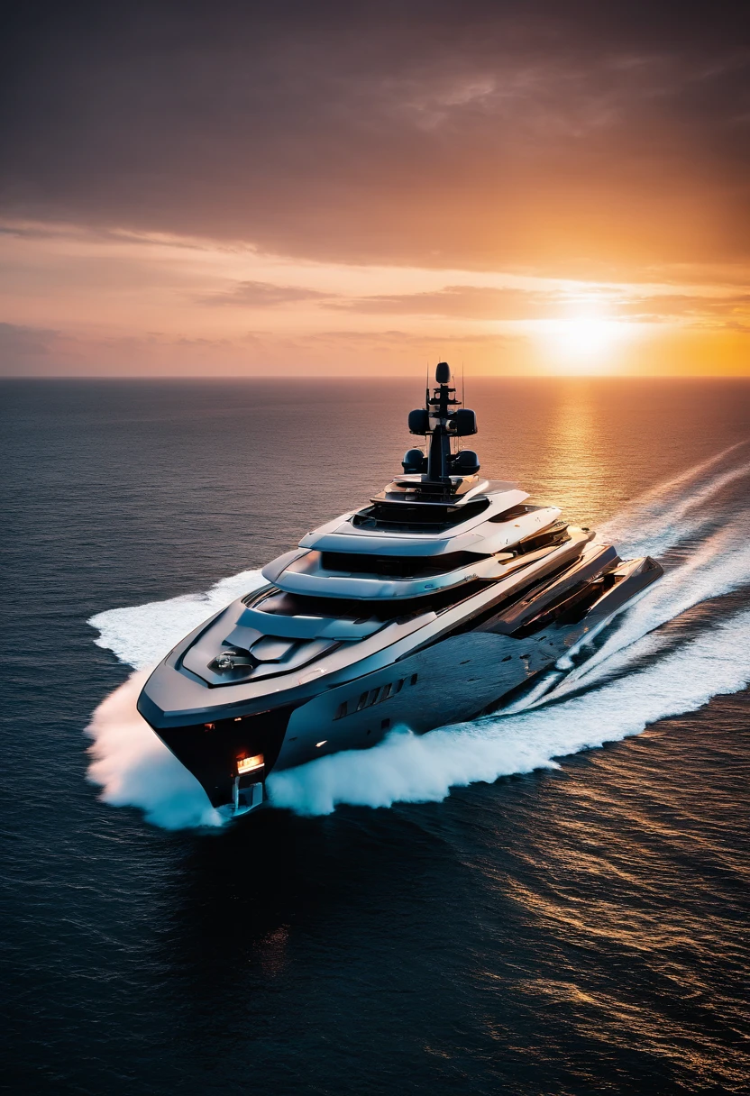 Create a captivating image of a mega luxury yacht photographed from a bird's-eye view at sunrise, surrounded by the mist of a tranquil bay in the Maldives. The ethereal atmosphere, captured with drone photography, should evoke the style of Jimmy Chin.