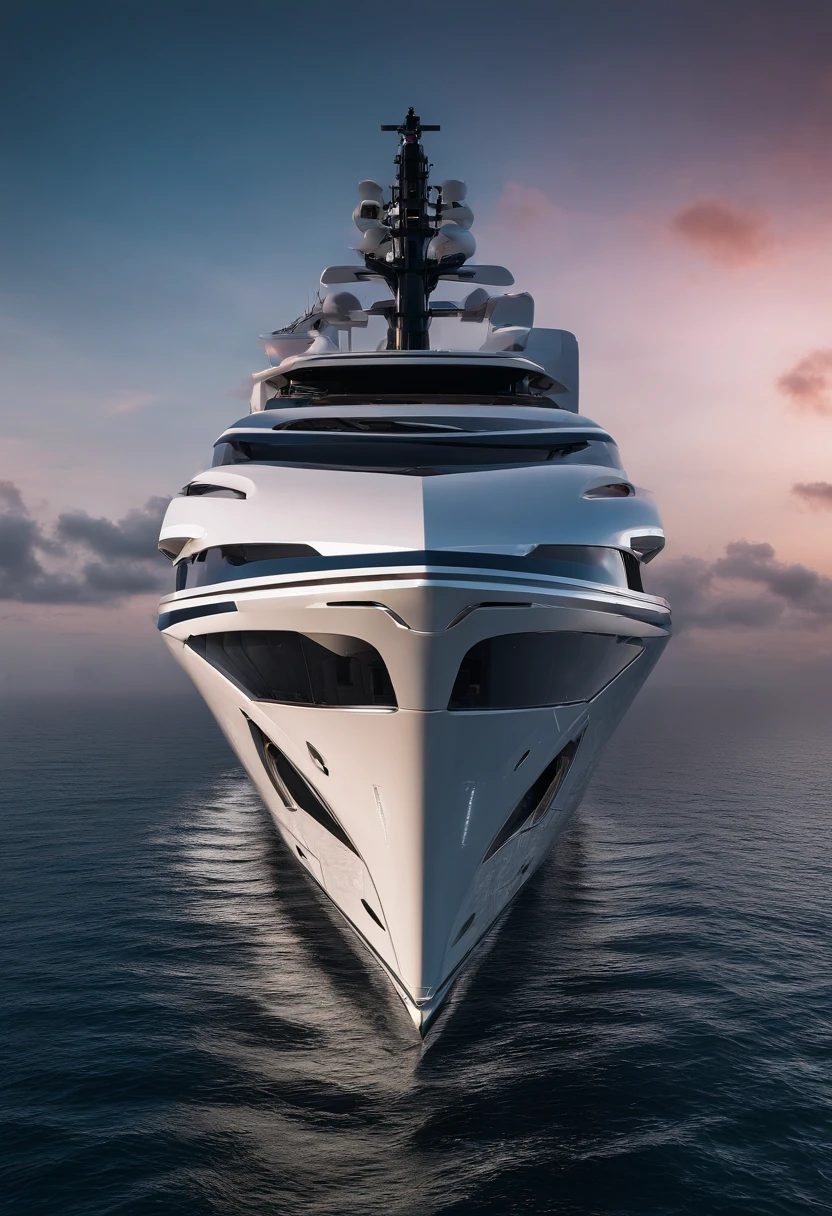 Create a captivating image of a mega luxury yacht photographed from a bird's-eye view at sunrise, surrounded by the mist of a tranquil bay in the Maldives. The ethereal atmosphere, captured with drone photography, should evoke the style of Jimmy Chin.
