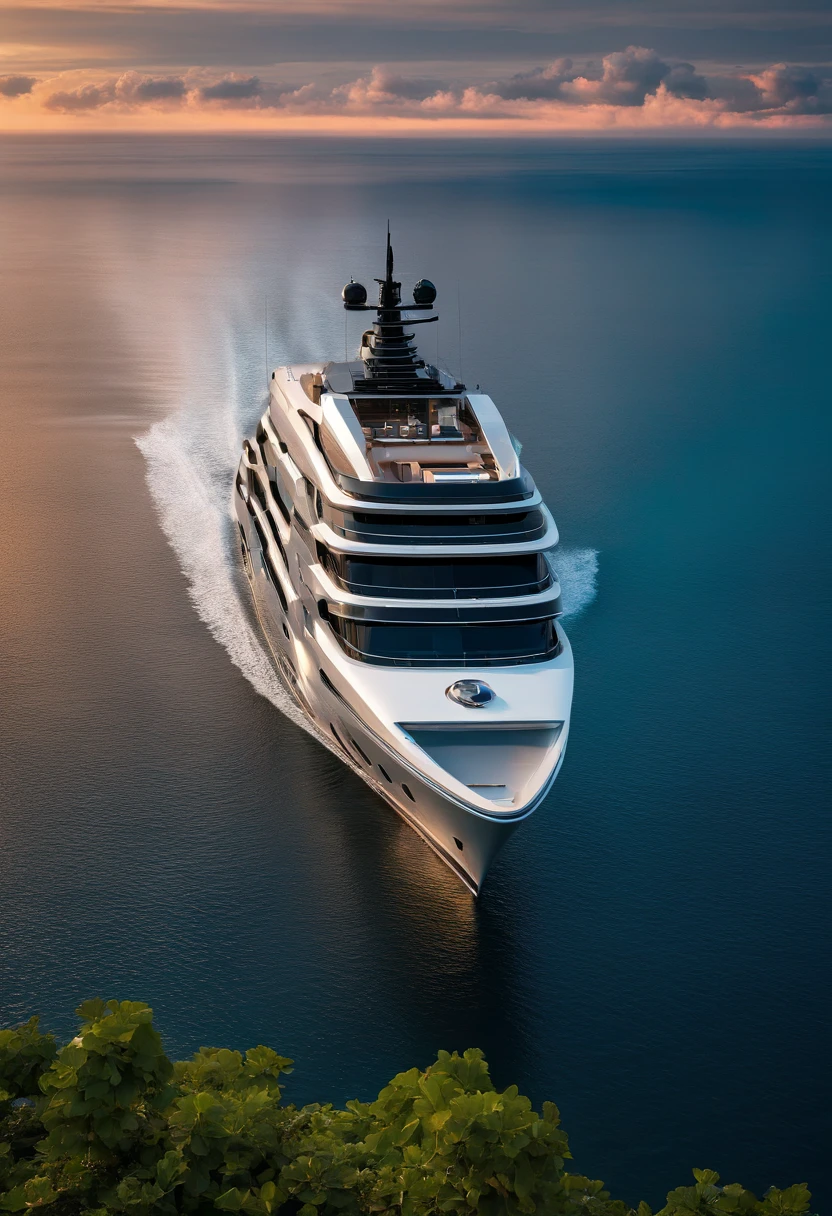Create a captivating image of a mega luxury yacht photographed from a bird's-eye view at sunrise, surrounded by the mist of a tranquil bay in the Maldives. The ethereal atmosphere, captured with drone photography, should evoke the style of Jimmy Chin.