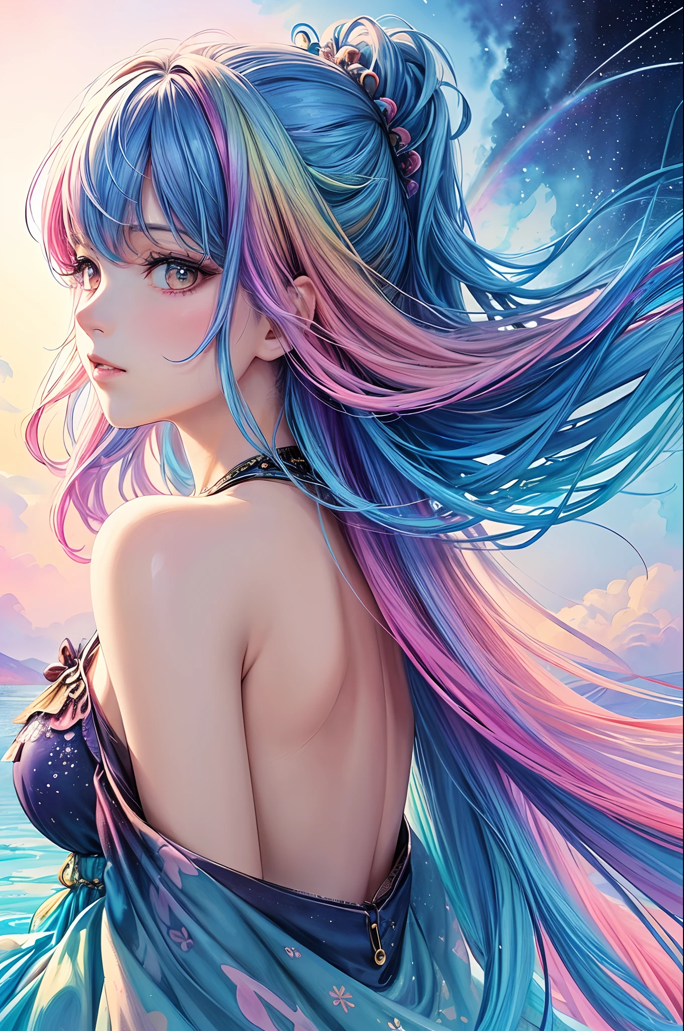 (masterpiece, top quality, best quality,watercolor (medium),official art, beautiful and aesthetic:1.2),(1girl:1.3), (fractal art:1.3),upper body, from side, looking at viewer,patterns,(rainbow color Hair,colorful hair,half blue and half pink hair:1.2),water,liquid, cloud,colorful, starry,stars,