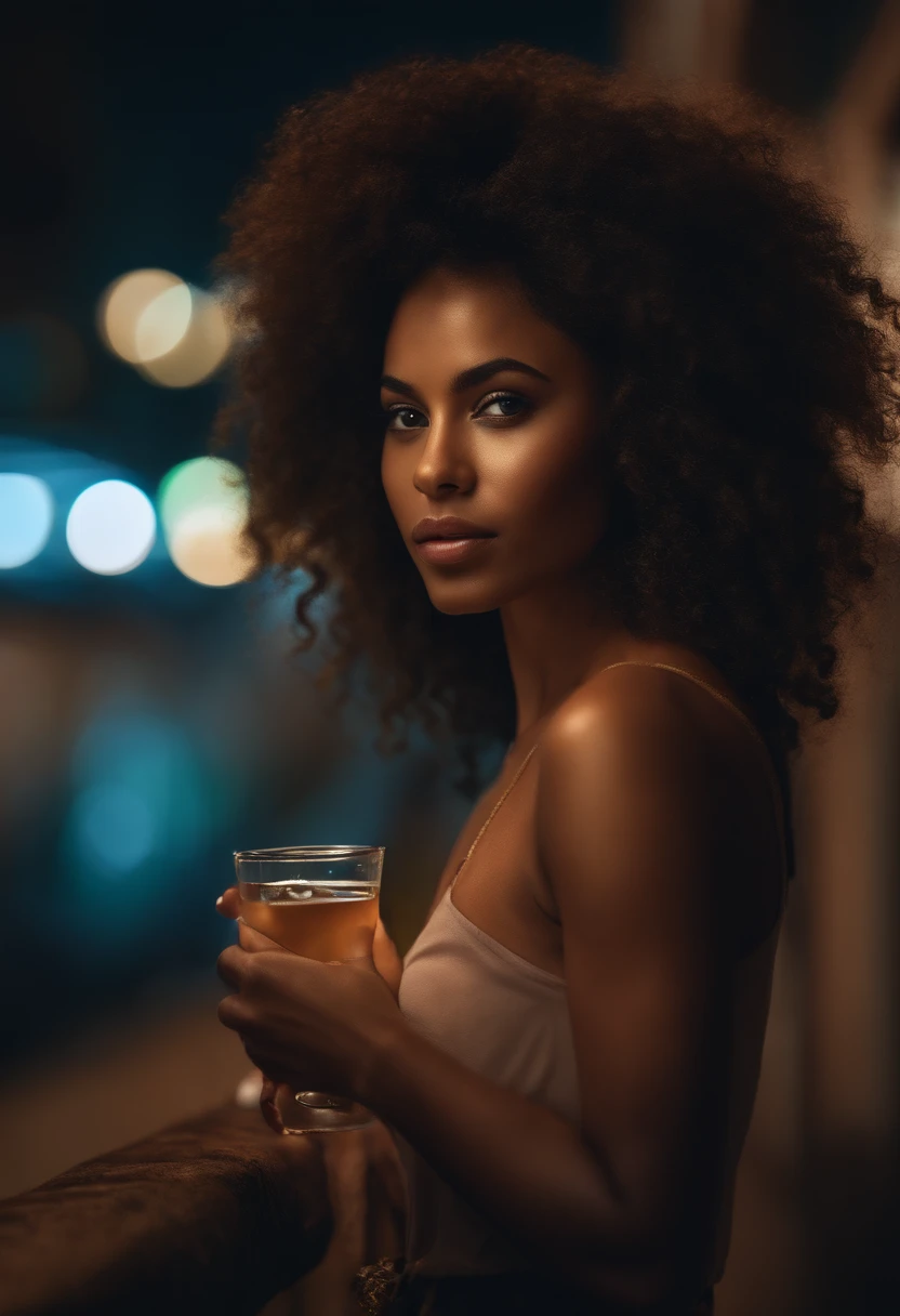 high resolution photo, Realistic, na varanda, cidade futurista em volta redonda, night time, Chovendo, garota, frontal completo, brown skin Brazilian with curly hair, peitos mostrando, showing, sedutor, drinking