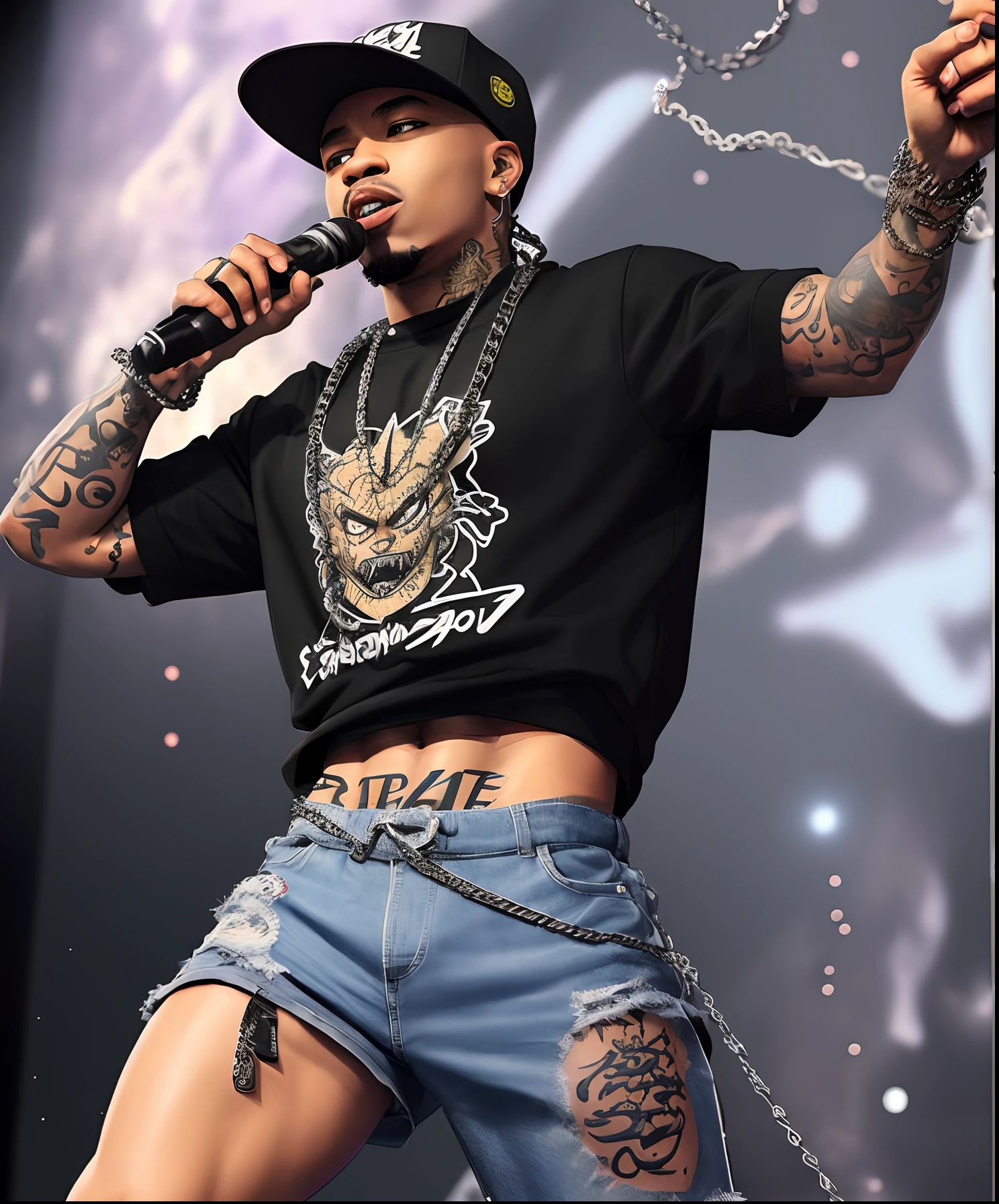 Create rapper tattooed with chains but drawn in the universe and with dragon ball z clothes and traits