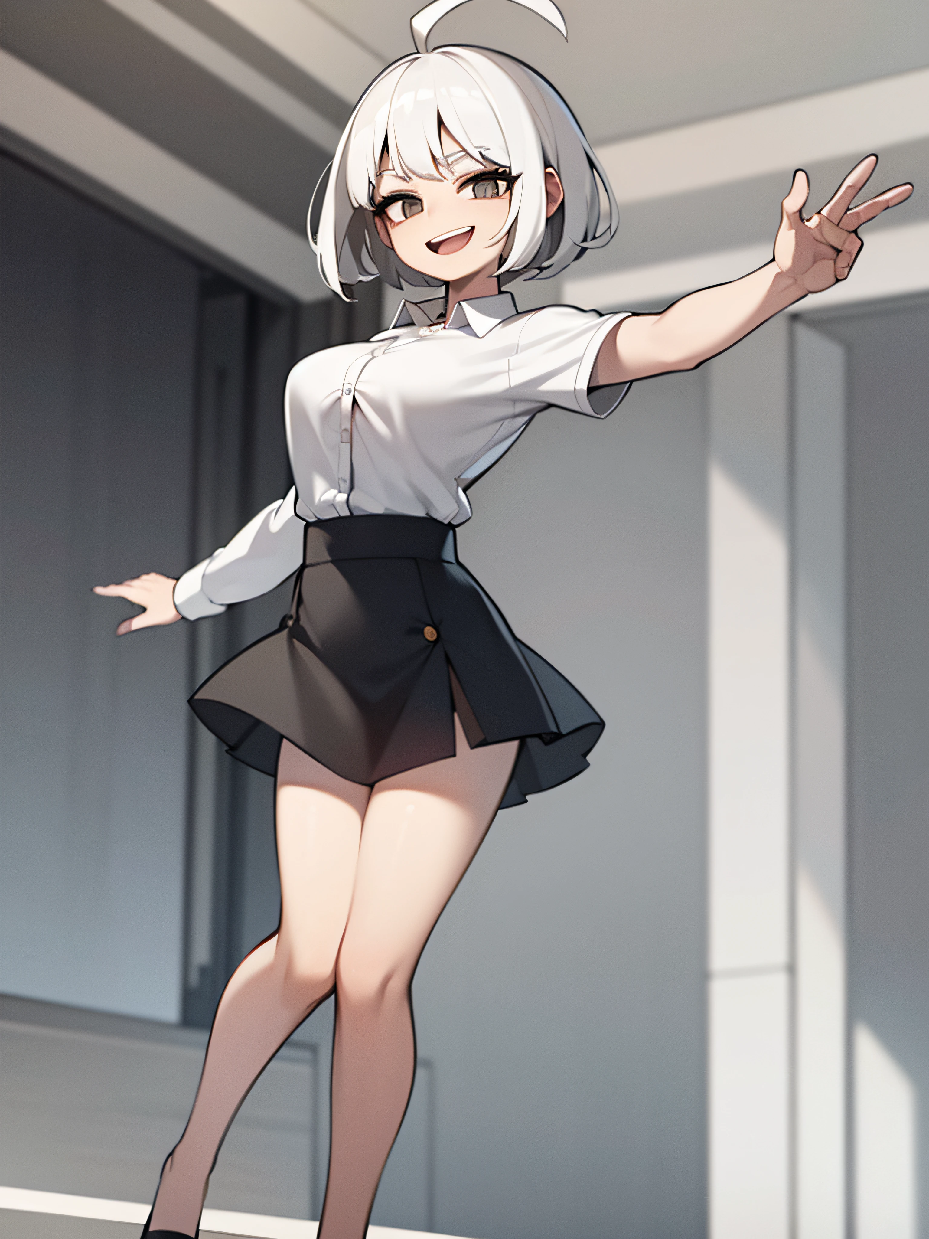 ((masterpiece, best quality)), (1girl), (solo), (female focus), (ahoge, white hair, short hair), black eyes, light smile, open mouth, ((white shirt), (buttoned shirt), (button gap)), ((black skirt), (short skirt)), standing, white background, arms behind back, dynamic angle