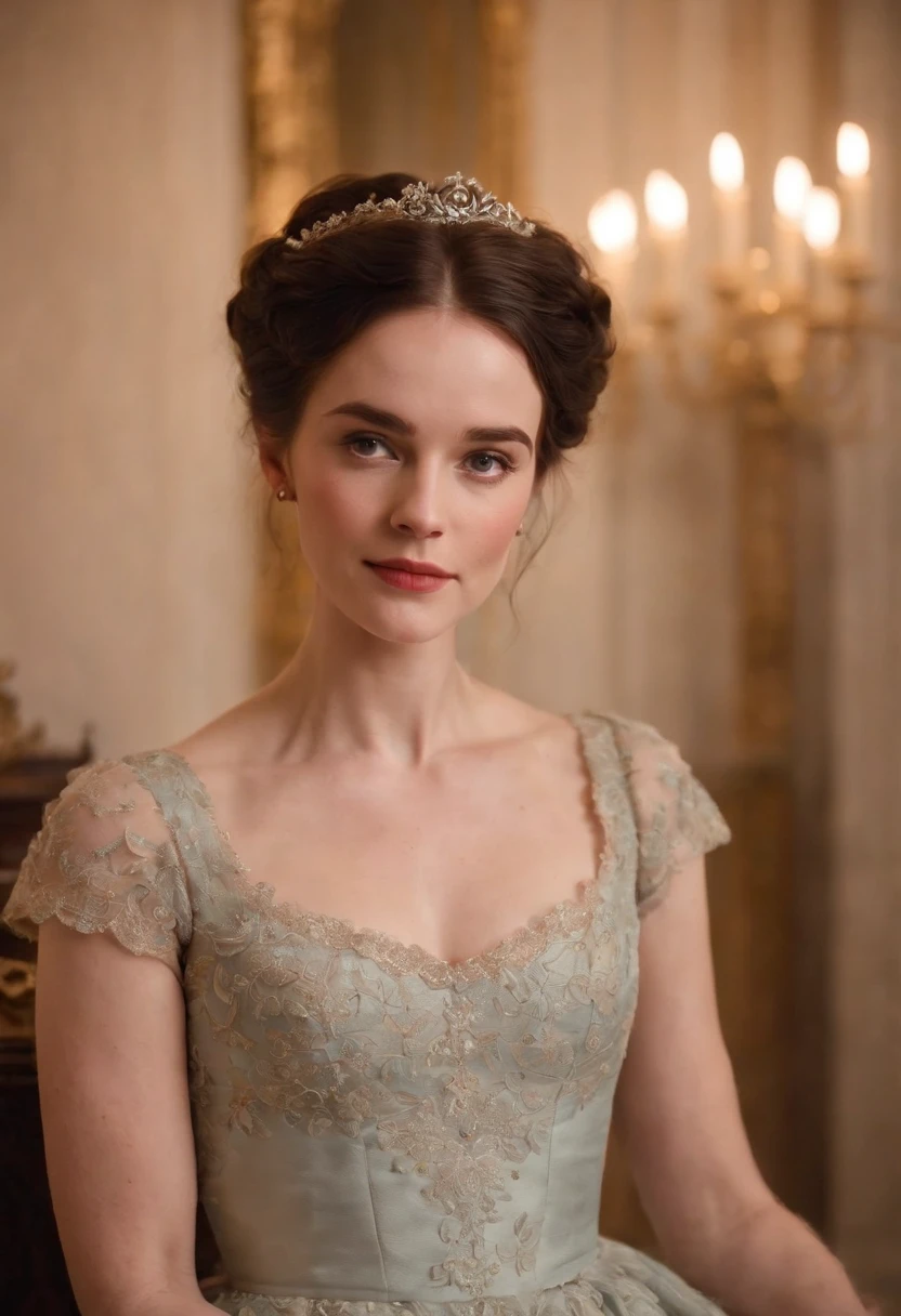 Colin Bridgerton’s twin sister in the show, “Bridgerton”, wearing a dainty, regency style dress with a London Season Party as the background