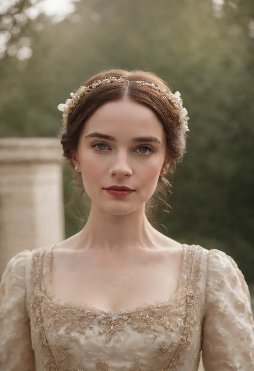 Colin Bridgerton’s twin sister in the show, “Bridgerton”, wearing a dainty, regency style dress with a London Season Party as the background
