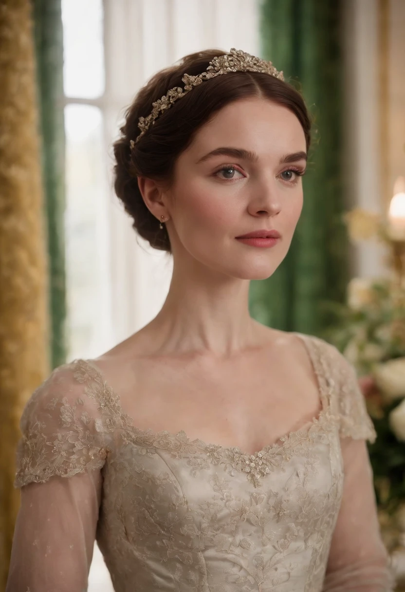 Colin Bridgerton’s twin sister in the show, “Bridgerton”, wearing a dainty, regency style dress with a London Season Party as the background