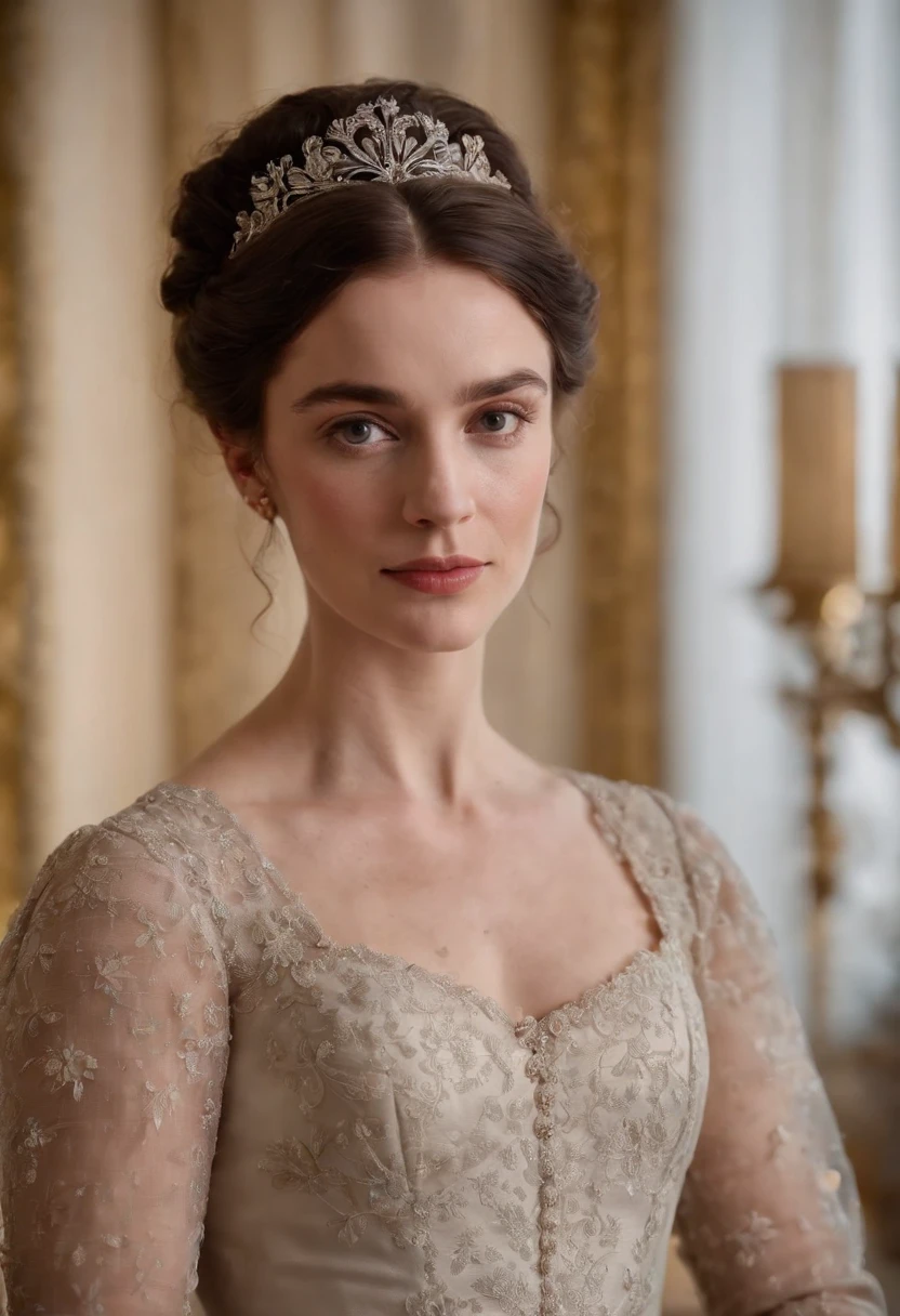 Colin Bridgerton’s twin sister in the show, “Bridgerton”, wearing a dainty, regency style dress with a London Season Party as the background