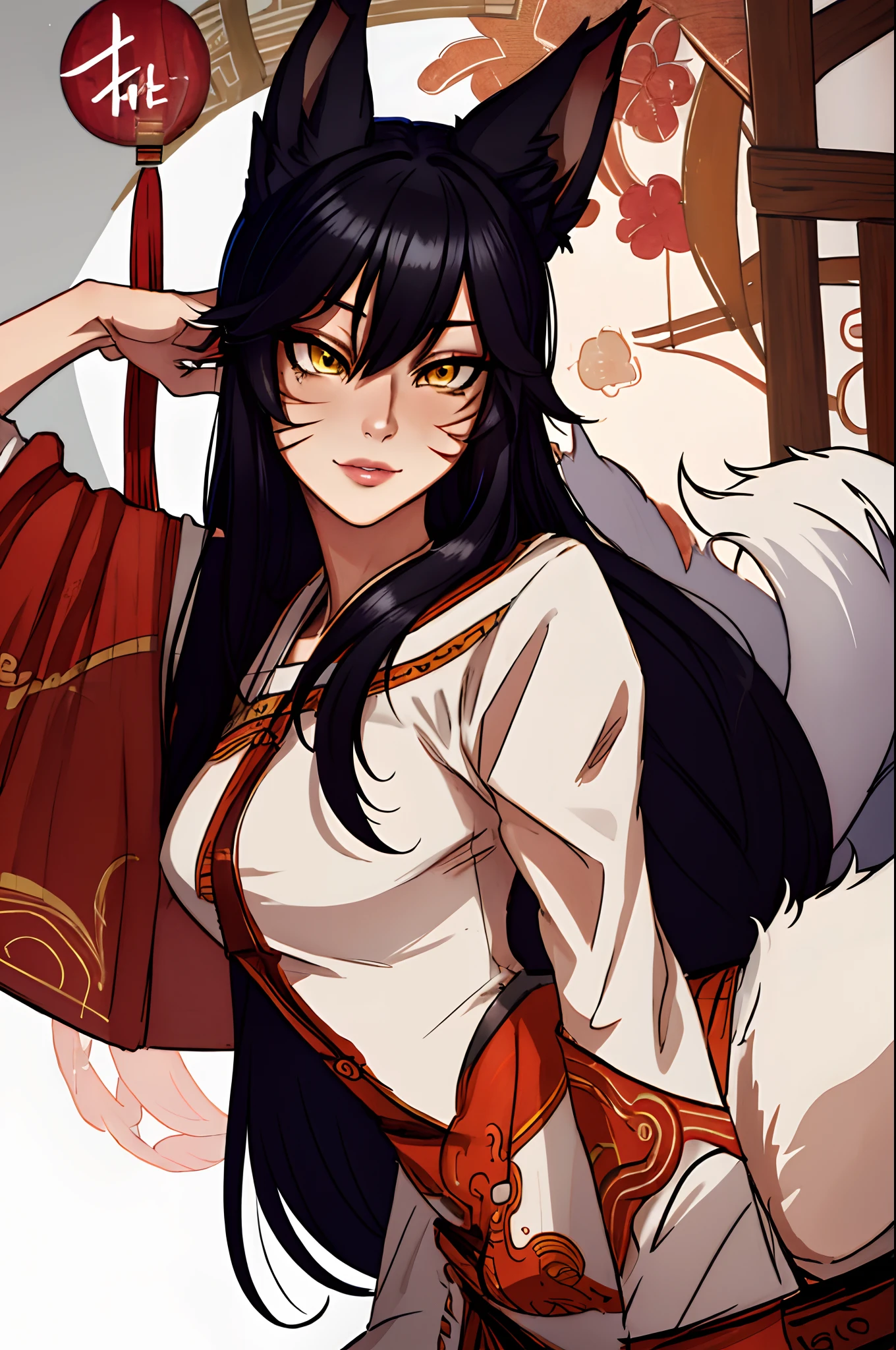 masterpiece, best quality, ah1, facial mark, fox tails, korean clothes, face portrait, detailed face, beautiful, detailed face, detailed eyes, Ahri_Cosplay, yellow eyes, Black long hair, fox ears, sexy look