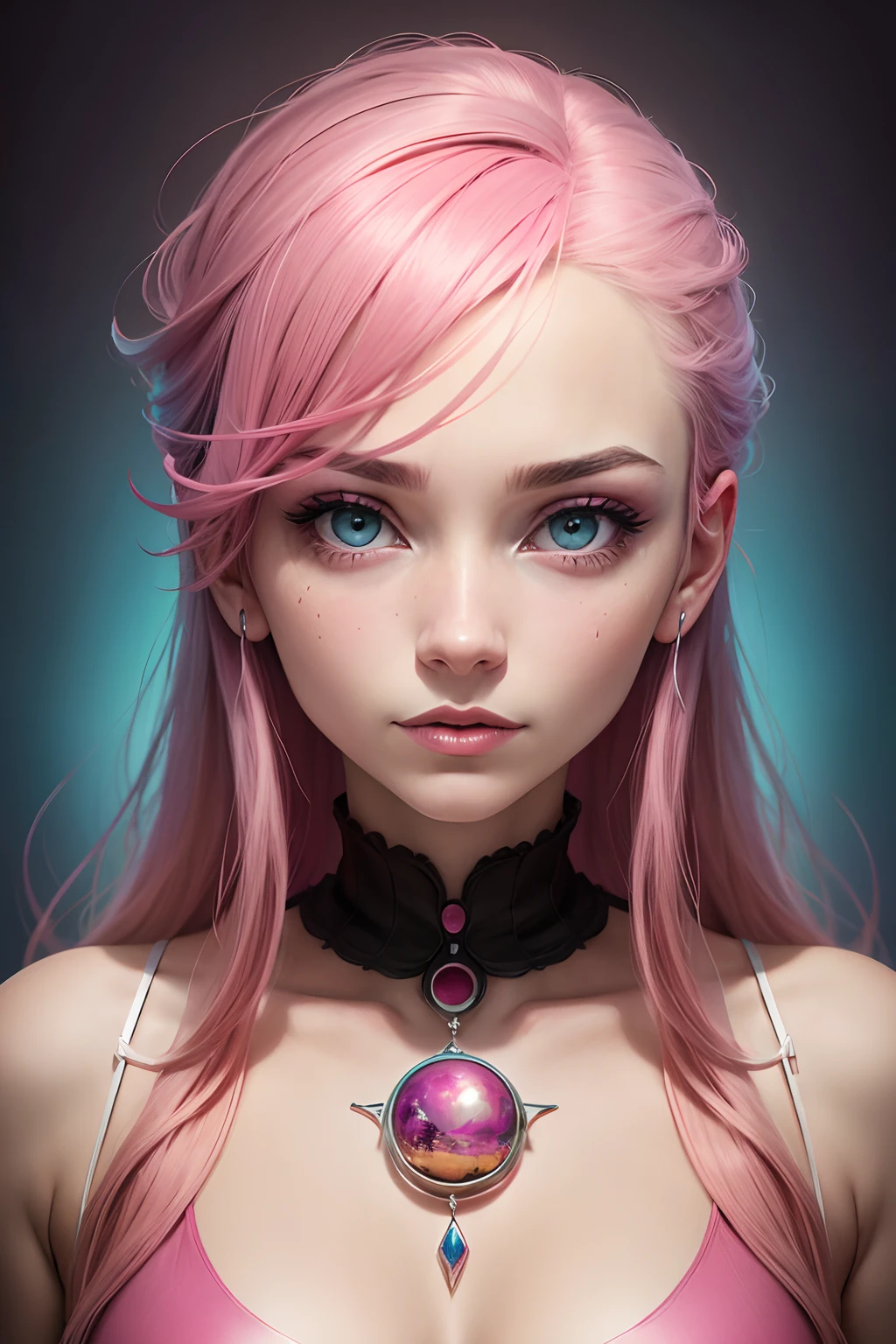 (colorfulsurrealism)++, (surrealism), a face of a woman, pink hair
