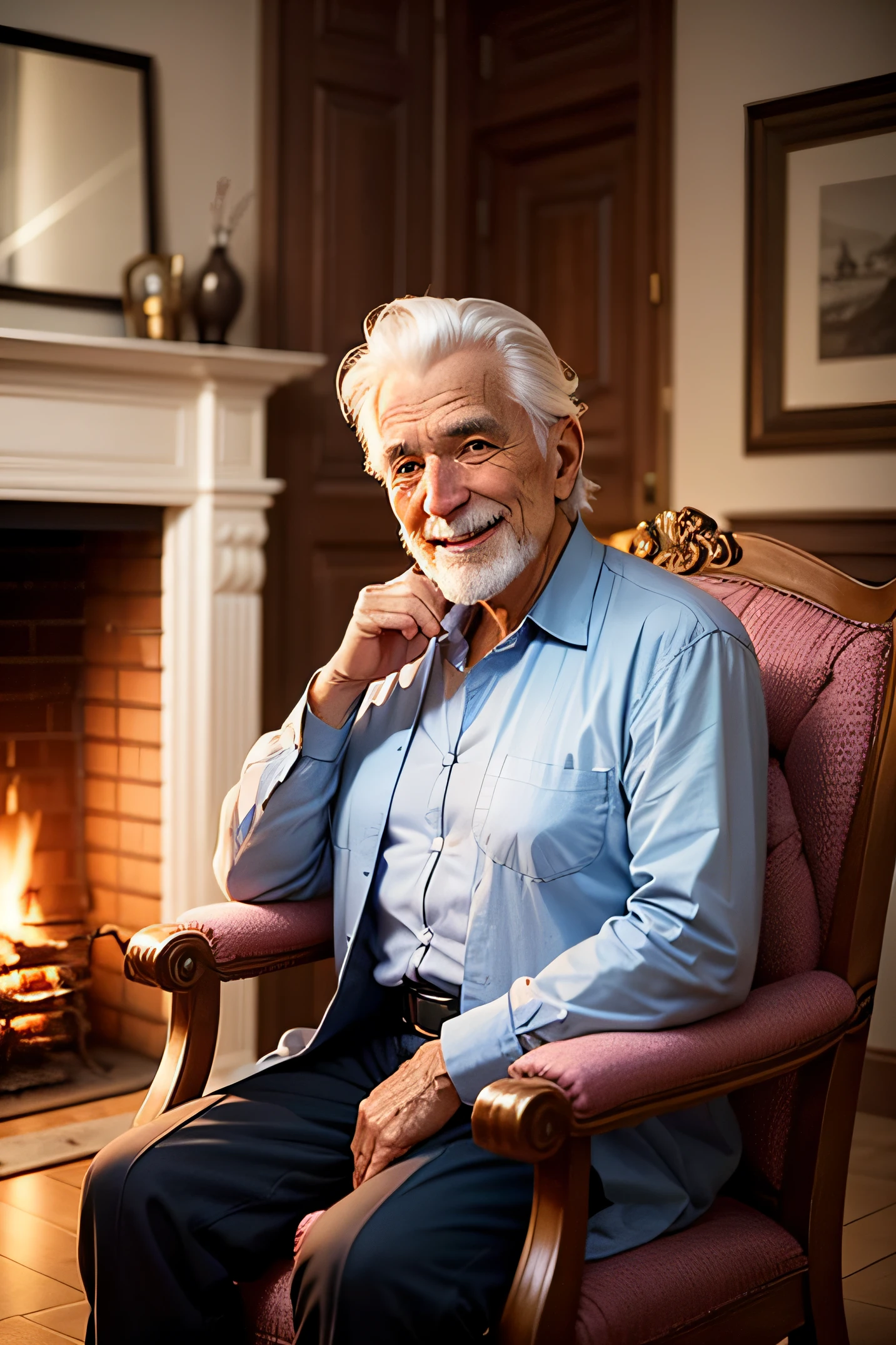 Old man with silver hair looking at the camera, sourire heureux, Grand sourire, avec un costume simple, homme de 75 ans, gaga, in a house with a fireplace sitting on an armchair