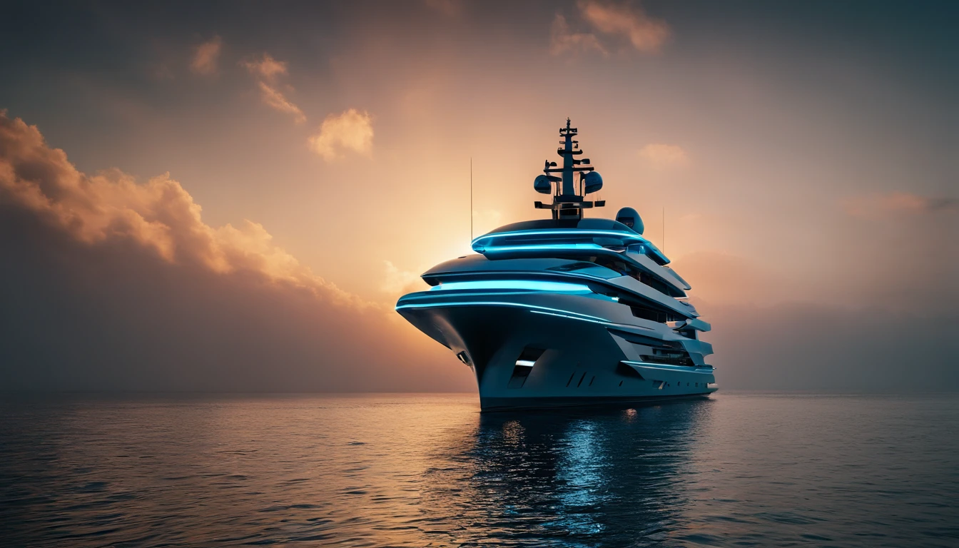 Create a captivating image of a mega luxury yacht photographed from a bird's-eye view at sunrise, surrounded by the mist of a tranquil bay in the Maldives. The ethereal atmosphere, captured with drone photography, should evoke the style of Jimmy Chin.