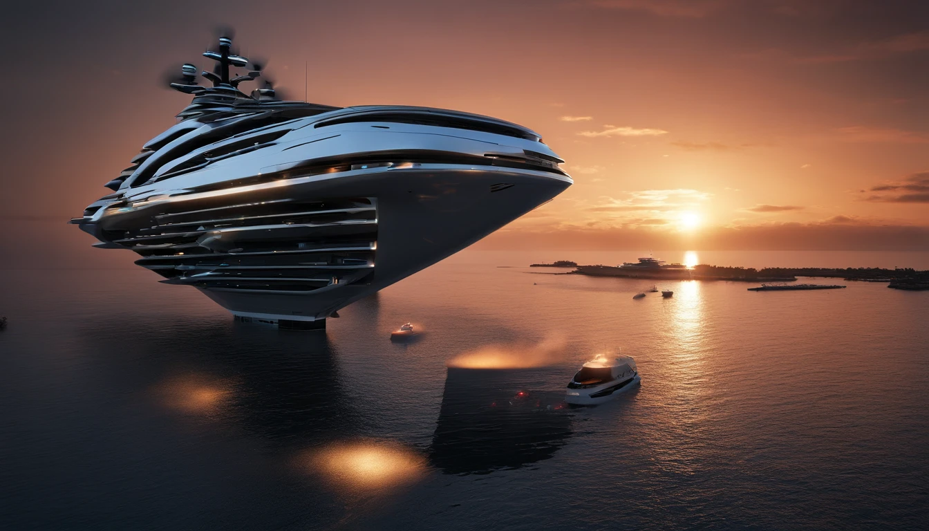 Create a captivating image of a mega luxury yacht photographed from a bird's-eye view at sunrise, surrounded by the mist of a tranquil bay in the Maldives. The ethereal atmosphere, captured with drone photography, should evoke the style of Jimmy Chin.