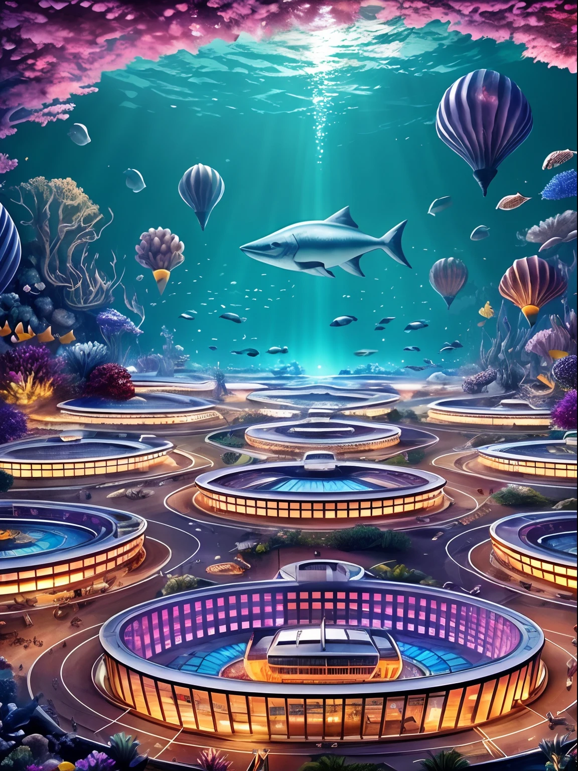 Futuristic city hidden under the sea, Transparent circular building,Undersea city, Nice lighting decoration,There are underwater boats passing through the city center,24th century,sci-fy,Futuristic,tmasterpiece,best qualtiy,high qulity,A high resolution,16k,primitive,超A high resolution,Hyper-detailing,finely detailled,Very fine and beautiful,The is very detailed,True shadows,