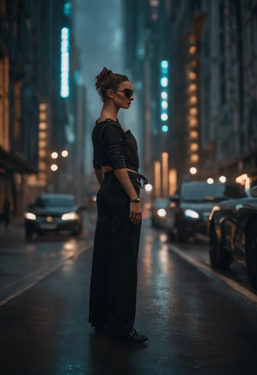fotorrealista, uma mulher, tristeza, fire, simetria perfeita, Synthwave, vida real, High definition, ((Cabelos prateados)), 4K Full HD, cabelos belos, backview, white pant, ((Muscomloso)), menina jovem detalhada, gostosa, corpo cheio, anatomia perfeita, rosto lindo, olhos extremamente detalhados, Sombras, Chuva, futuristic cityscape, circomnstanciado, atmosfera cyberpunk, com, dramatic lighting, retro-futurista, Atmospheric, hiper-realismo, Epic Portrait of the, (camiseta preta), anatomia perfeita, senhora punk, Motor Unreal 5, epics, trending on ArtStation, production cinematic character render, Hiper-realismo modelo de ultra alta qualidade,Fotoreal,