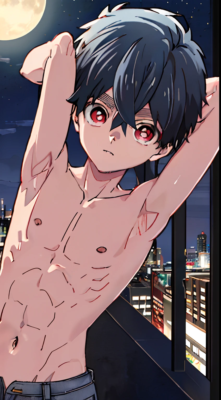 masterpiece, best quality, high quality, 1boy, solo, male focus, looking at viewer, upper body, kabane_kusaka, red eye, red hair, slim body, short body, (shirtless, topless, bare chest), (armpit,  show his armpit), the night, outdoor