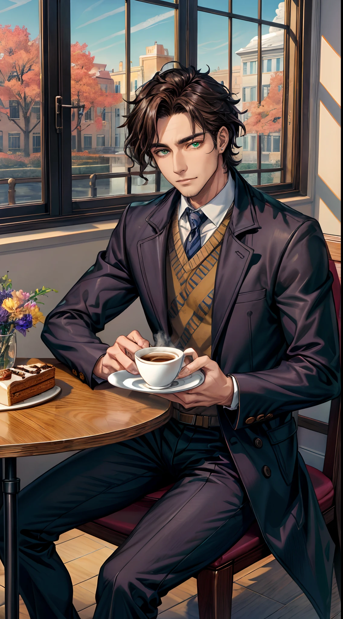 (Masterpiece, hiquality, absurdress), 1male, dark hair, Wavy Hair, The eyes are green, a perfect face, sports body, 独奏,  Male body, male focus, Detailed eyes and face,  Cozy café, lots of flowers, a table, Drinking coffee, Eat Cake, sitting at a table in a café, Take a selfie, overcoat, shirt, pants, Shoes, Romantic setting, Autumn outside the window