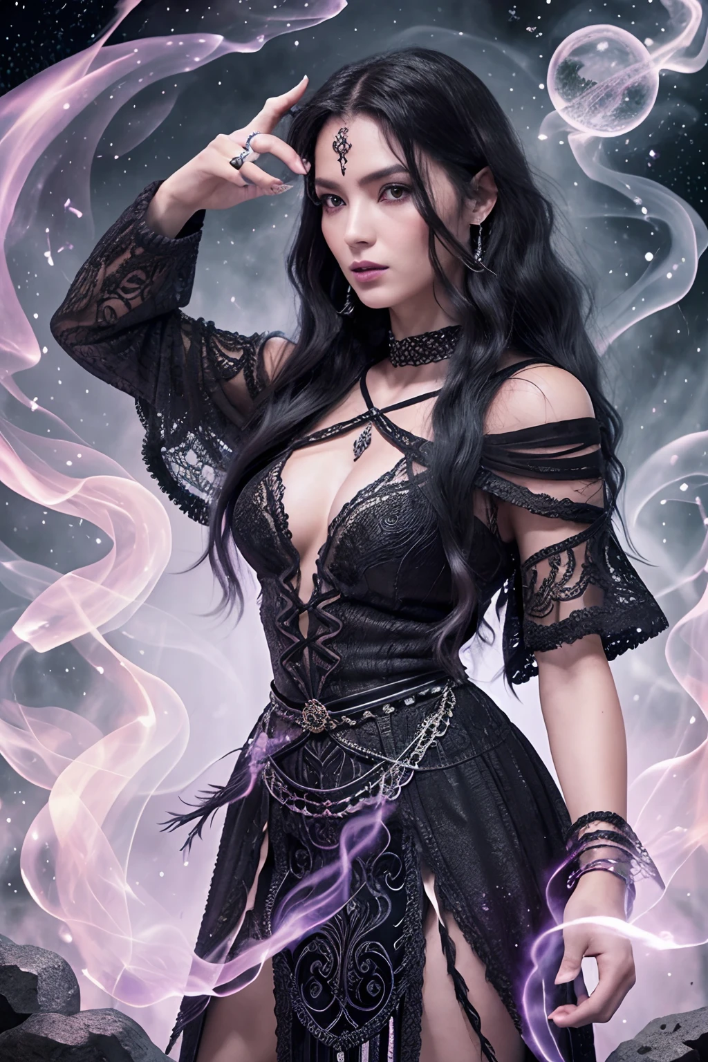 (((bruxa)))super-realista, Standing showing all her realistic 8K red lace dress flying in space , cabelos negros, pele, Morena dourada, corpo inteiro, Detailed hands with ruby ring, 38 anos, Imagem frontal misteriosa ::8, flowing robe, Intricate Purple Makeup Patterns ::7, corpo ::6, Aura Encantada, magia brilhante ::5, CAULDRON, Bubbling Potion ::4, Magic ingredients, spellbooks ::3, gesto de spellcasting ::2, mistic ambient, supernatural presence ::1. Smoke and atmosphere: , 16k. --auto --s2