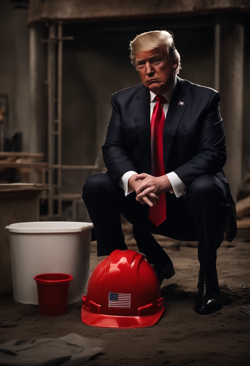 Imagine of President Donald Trump dressed in his tuxedo with a red tie kneeling down washing the feet of a construction worker who is sitting on a bucket