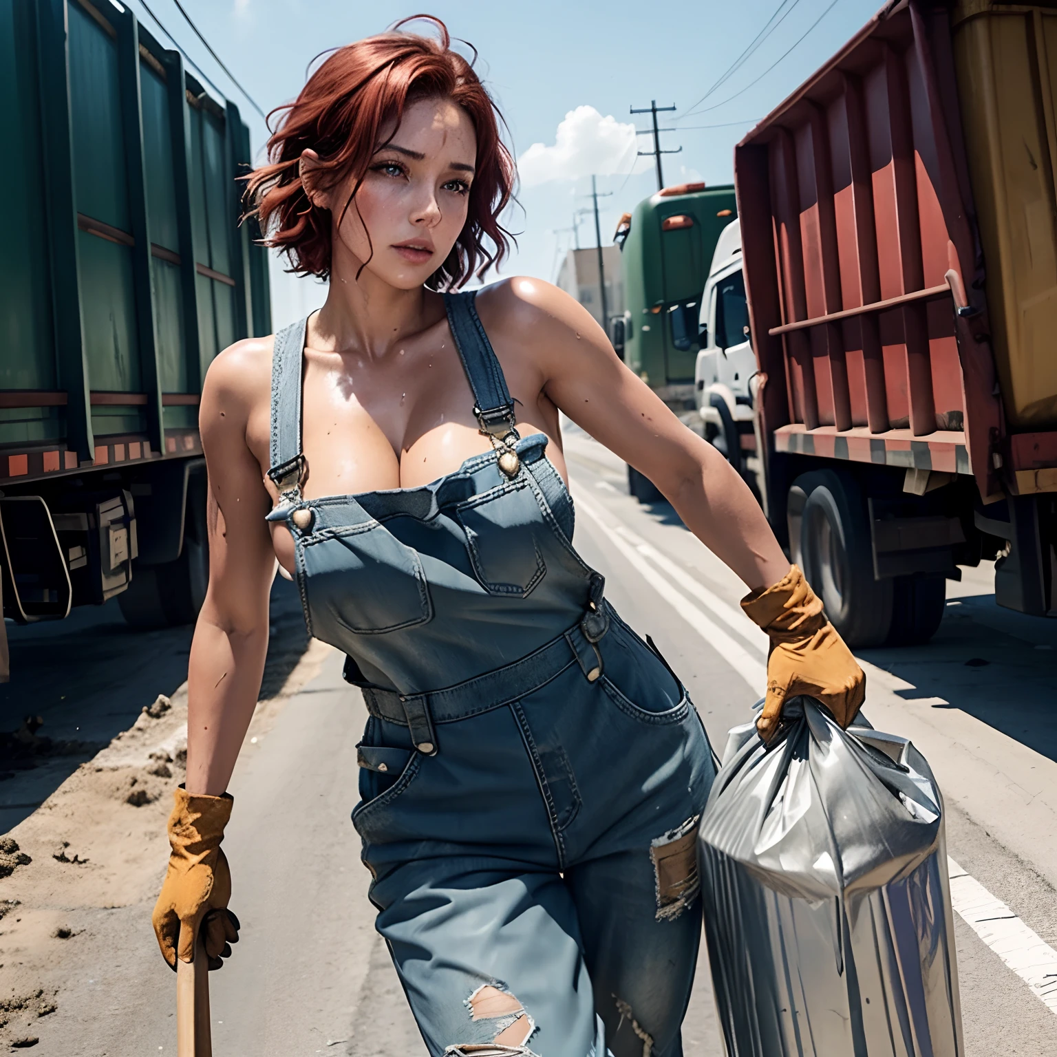 woman pulling trashbag, gorgeous woman, naked accept for wearing long overalls, busty woman, (large breasts), short red hair, ((dirty face)) , disheveled and messy hair, 1girl, wearing workboots, garbage truck behind her, (sweaty:1.2), pulling trash bag to garbage truck, (wearing work gloves), sweaty with smudges on skin, (dirt on skin) , glistening skin, ((dragging trashbag))
