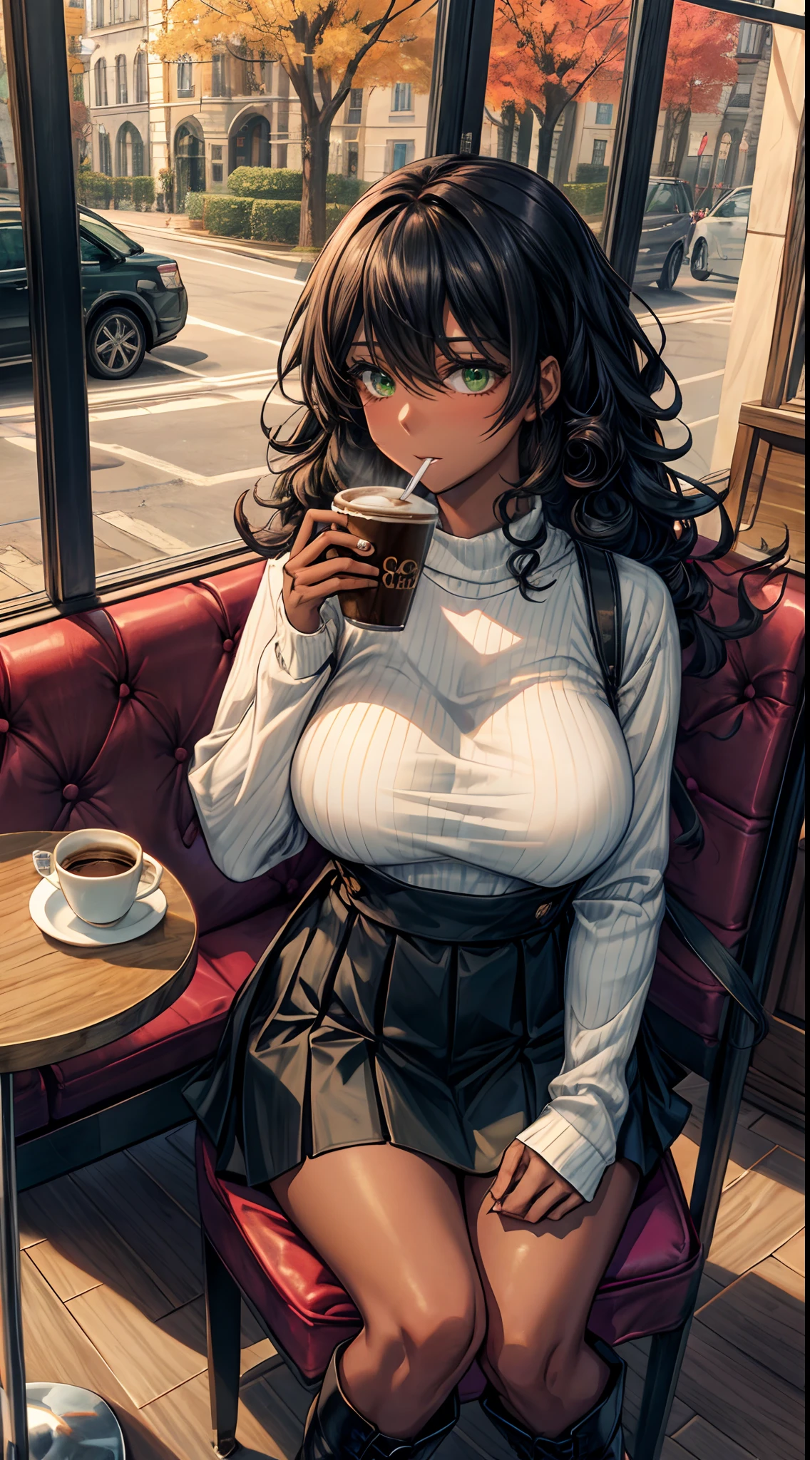 (Masterpiece, hiquality, absurdress), 1Woman, black hair, curly hair, Afro-curly hair, Green eyes, a perfect face, the perfect body, big breastes, short stature, very dark skin, 独奏,  Detailed eyes and face,  Cozy café, lots of flowers, a table, Drinking coffee, Eat Cake, sitting at a table in a café, Take a selfie, sweater, Long black skirt, high-heeled boots, Romantic setting, Autumn outside the window