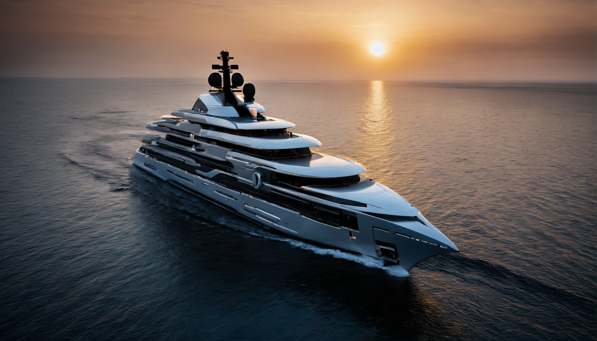 Create a captivating image of a mega luxury yacht photographed from a bird's-eye view at sunrise, surrounded by the mist of a tranquil bay in the Maldives. The ethereal atmosphere, captured with drone photography, should evoke the style of Jimmy Chin.