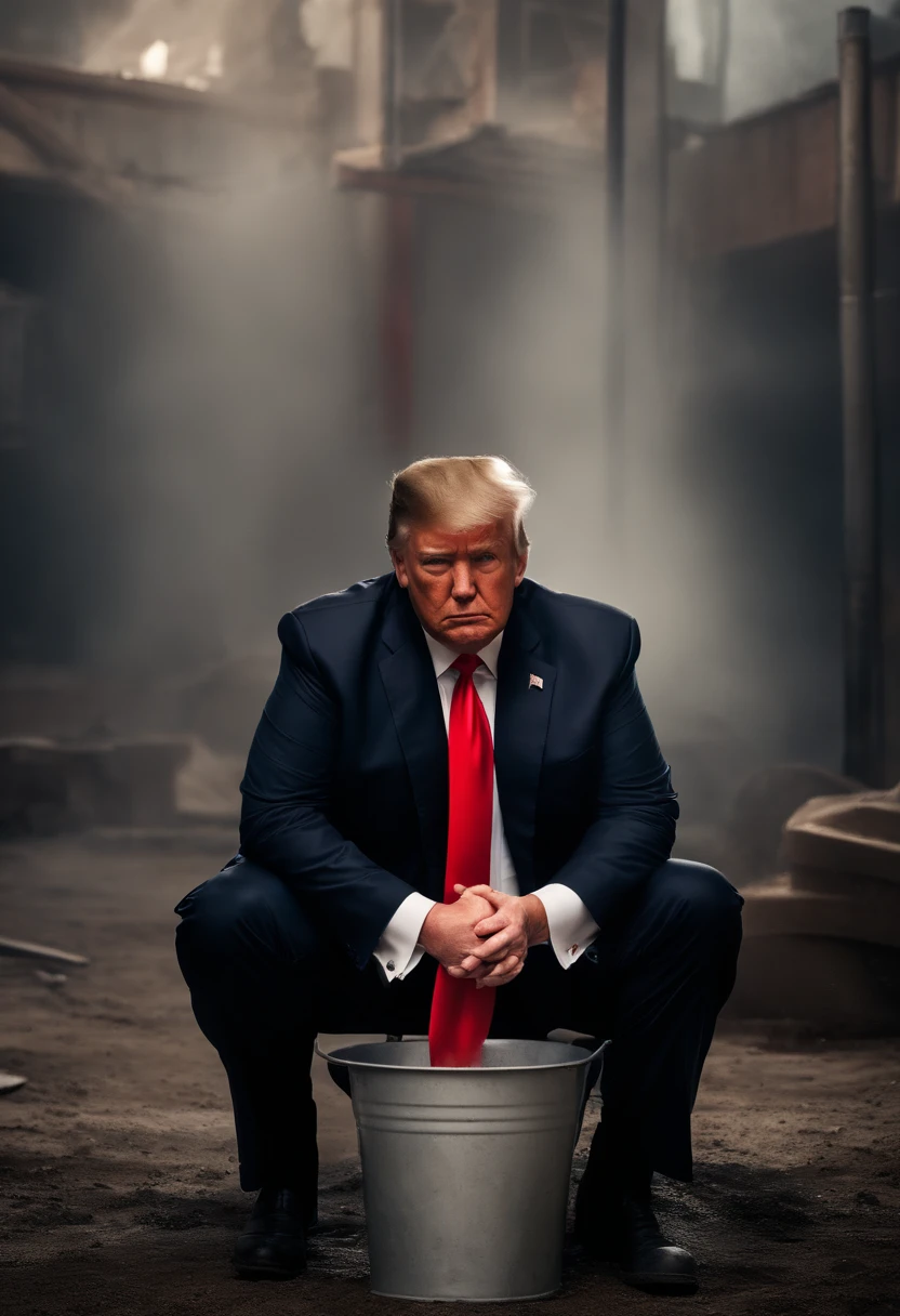 Imagine of President Donald Trump dressed in his tuxedo with a red tie kneeling down washing the feet of a construction worker who is sitting on a bucket