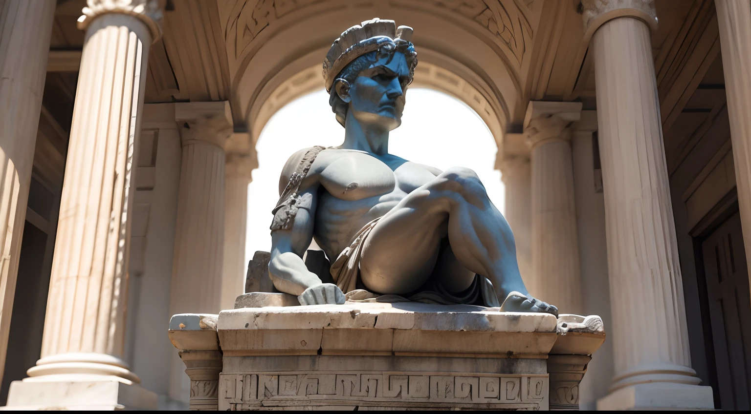 Ancient Greek statue with angry expression, Outside, com rosto extremamente detalhado full body view, Colors with low saturation with dark tone, Filmado em Sony A7S III com Sony FE 35mm f/1.8, 12.1 MP, --AR 3:2 --estilo cru