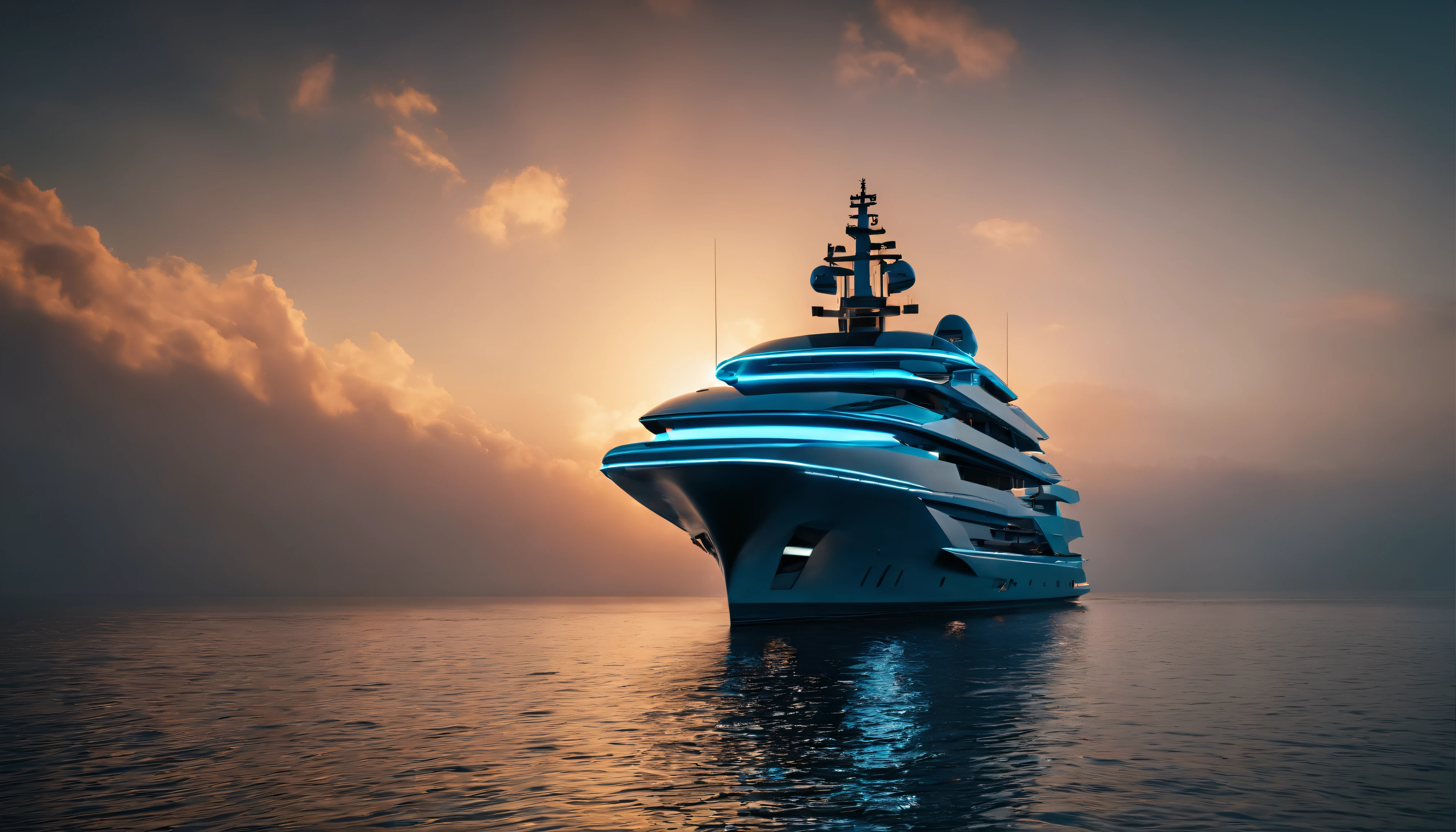 Create a captivating image of a mega luxury yacht photographed from a bird's-eye view at sunrise, surrounded by the mist of a tranquil bay in the Maldives. The ethereal atmosphere, captured with drone photography, should evoke the style of Jimmy Chin.