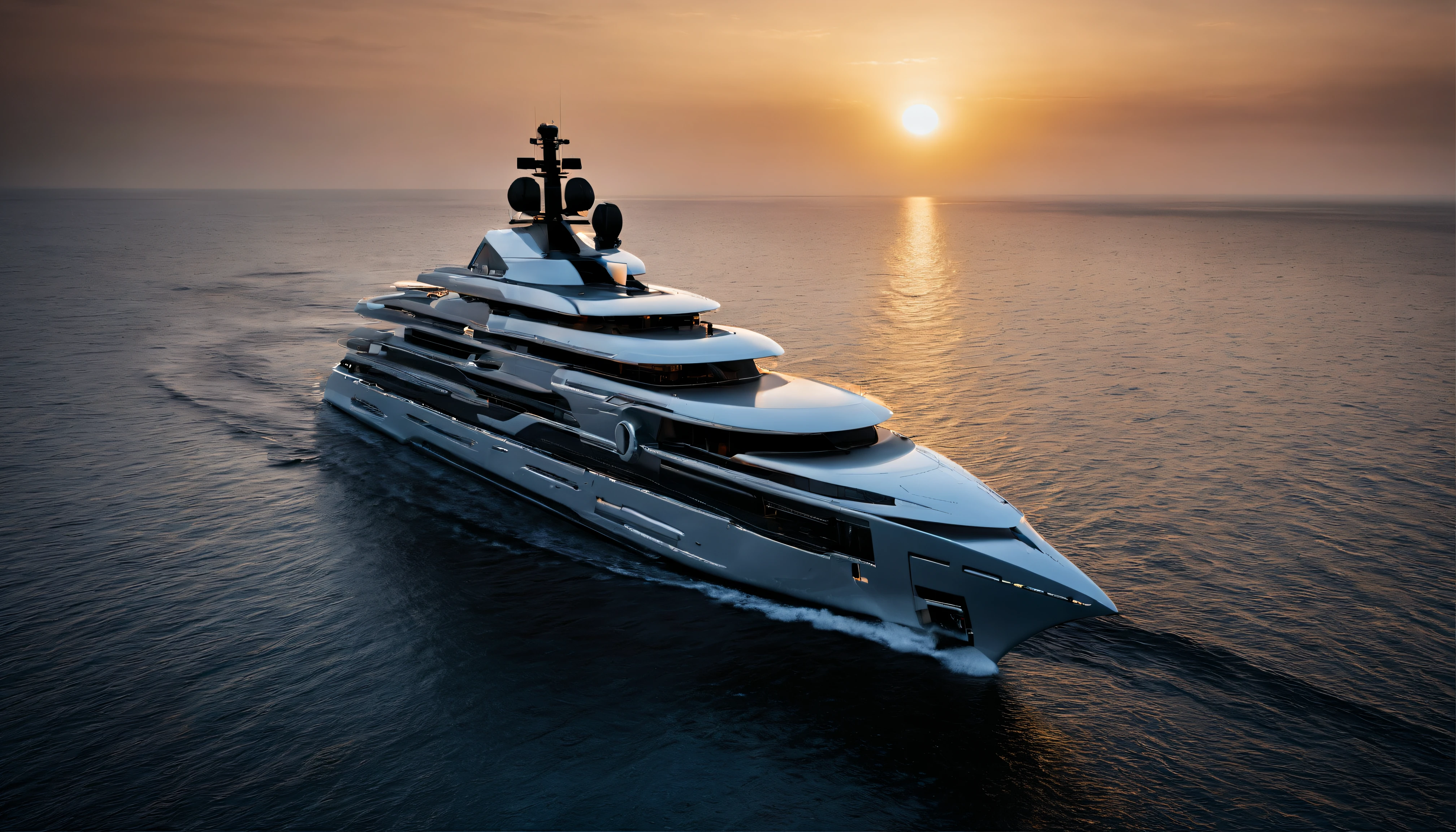 Create a captivating image of a mega luxury yacht photographed from a bird's-eye view at sunrise, surrounded by the mist of a tranquil bay in the Maldives. The ethereal atmosphere, captured with drone photography, should evoke the style of Jimmy Chin.