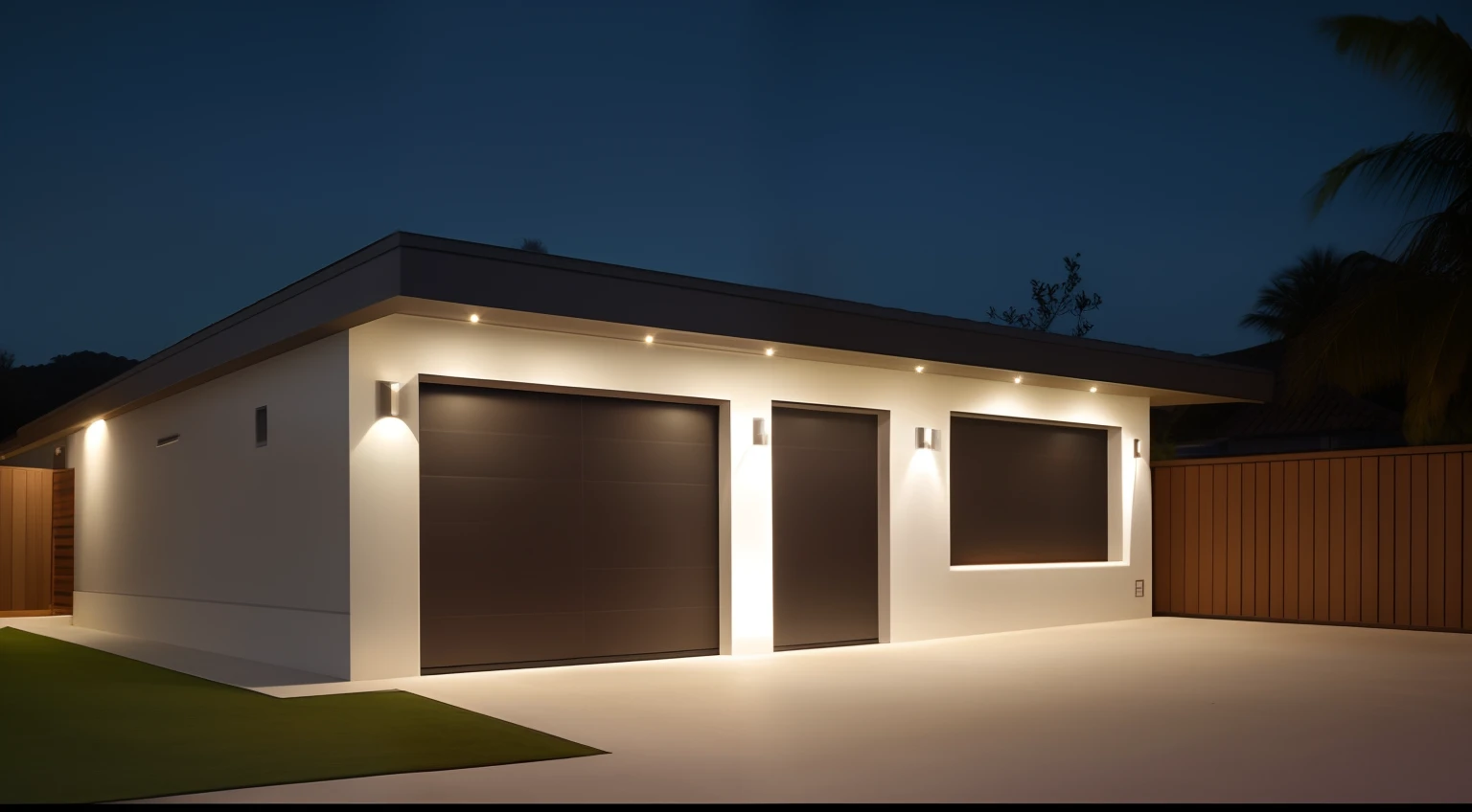 casa pequena, ((Estilo moderno)), garagem, porta, janela e um gramado verde, Modern setting, Obra-prima premiada, crisp smooth clean lines, Minimalismo elegante, majestosa obra-prima, renderizado, Iluminado, night ligthning, Design moderno, Detalhe poderoso, outside lighting, Obra-prima premiada, night time render, Ultra moderno, night time, Night lighting, crisp smooth lines, Estilo moderno, Linhas deslumbrantes