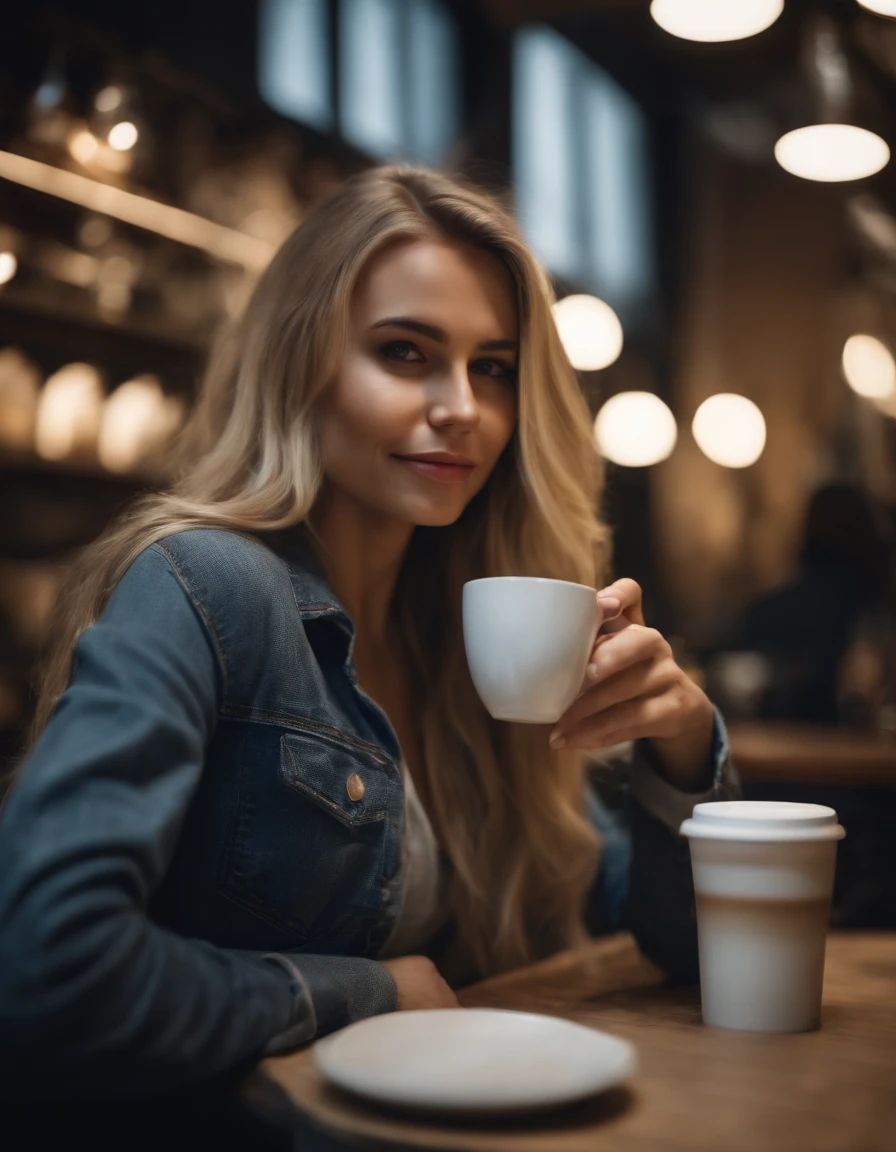 25 year old woman drinking coffee in a trendy cafe, long hair, blonde hair, stylish clothes, jeans.