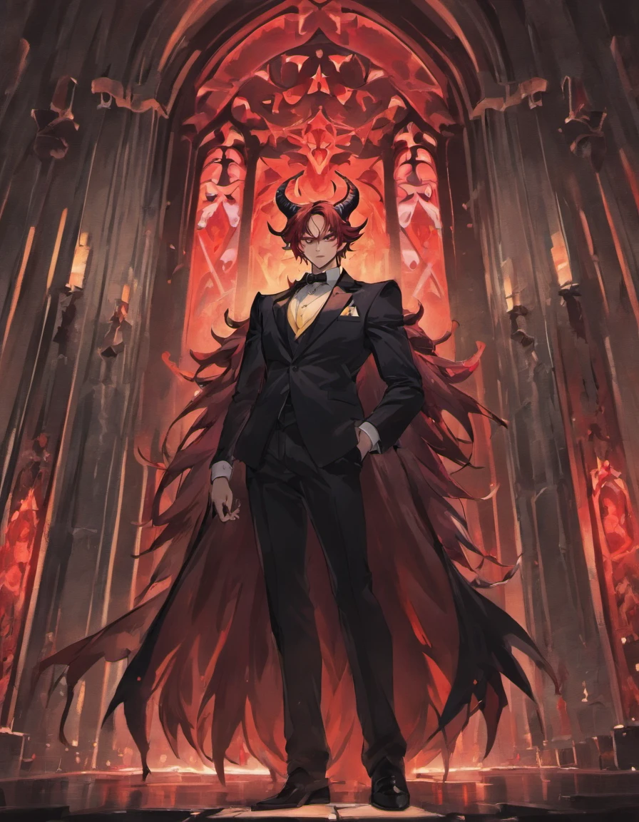 Male long red hair red eyes black horns demon red body hair fancy rich person suit inside a dark castle anime artstyle