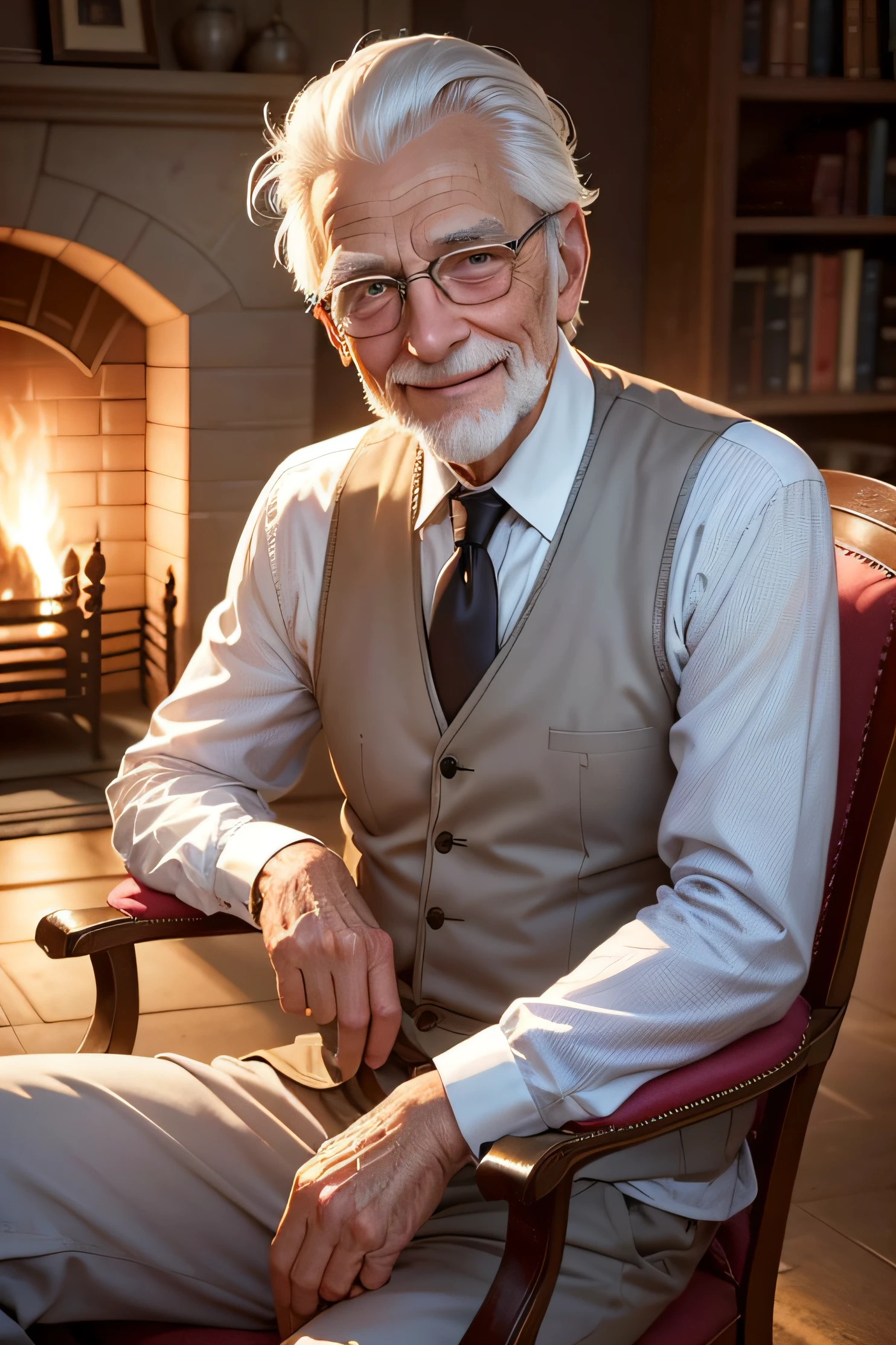 style Cartoon, Old man with silver hair looking at the camera, sourire heureux, Grand sourire, avec un costume simple, homme de 75 ans, gaga, in a house with a fireplace sitting on an armchair,
