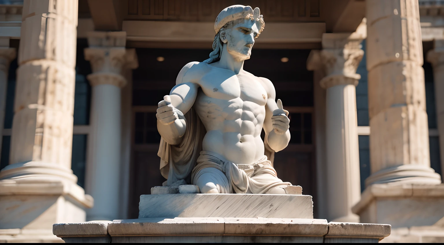 Ancient Greek statue with angry expression, Outside, com rosto extremamente detalhado full body view, Colors with low saturation with dark tone, Filmado em Sony A7S III com Sony FE 35mm f/1.8, 12.1 MP, --AR 3:2 --estilo cru