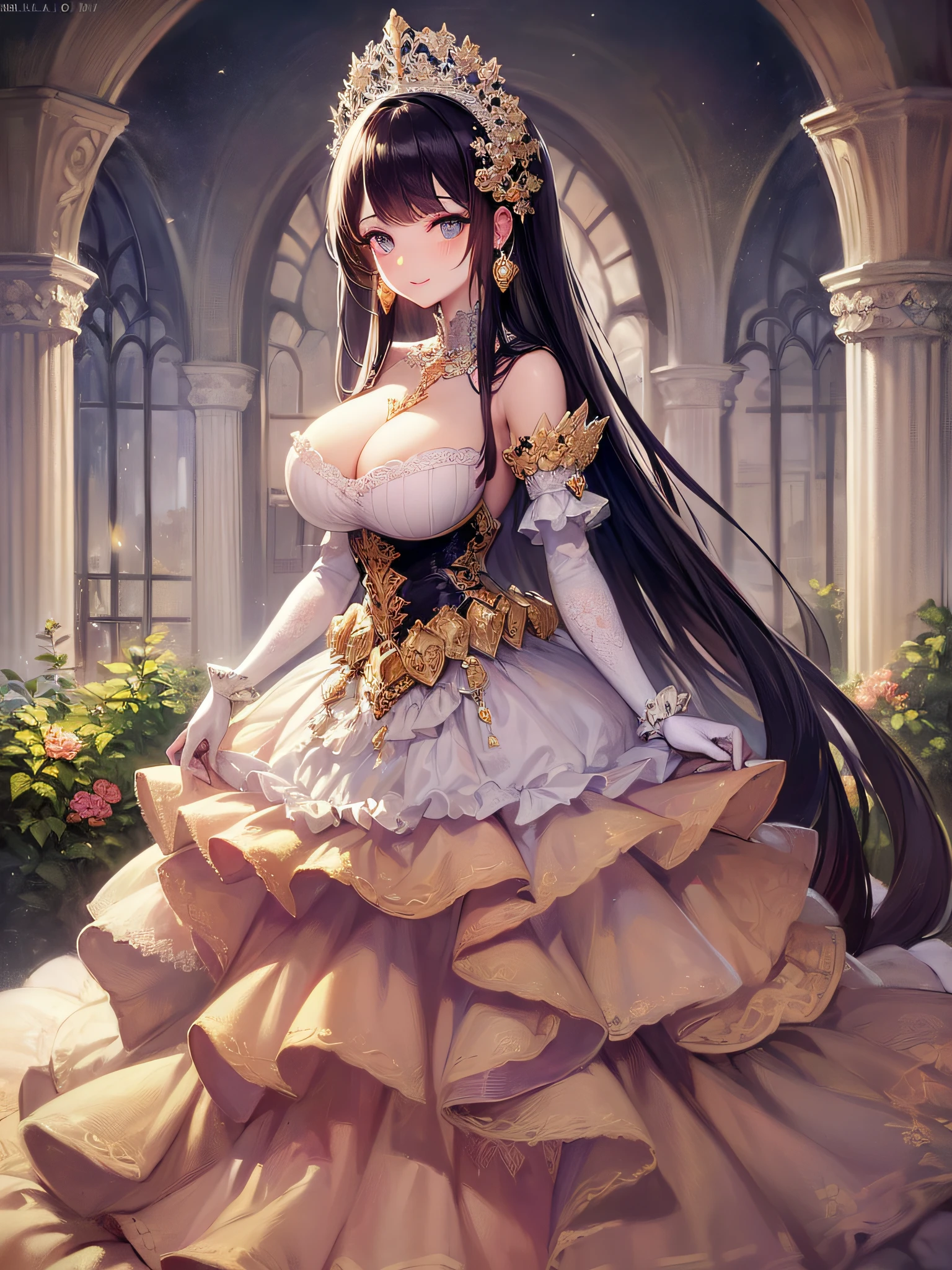 ((anime artstyle)),(Masterpiece),(Best Quality), (Super Detail),(Highly Detailed CG Unity 8k wallpaper),((Very Delicate and Beautiful)),cinematic lighting,1 girl,((full body portrait)),((standing in garden)),((solo)),(((1 fairytale princess in gorgeous embroidery and jeweled extremely gorgeous rococo princess ballgown with voluminous full length hoop skirt))),an hourglass waist,padded and corseted bodice,(((huge crinoline hoopskirt))),long train,((gorgeous embroidery and jeweled)),voluminous frills,See-through,(((extremely gigantic tits,skindentation))),cleavage,((absurdly Long Straight Hair,extremely voluminous Straight long Hair,absurdly Long Straight Hair)),(finely detailed face and eyes),(Blush,Smile),clear pupil,extremely gorgeousfull hair ornament,(bling-bling jeweled extremely gorgeousfull tiara),((bling-bling gorgeous gemstone jewelry)),gorgeous long veil,((ultra long gloves)),(beautiful background),(full body),((gorgeous embroidery and jeweled extremely gorgeous rococo princess ballgown with voluminous full length hoop skirt))
