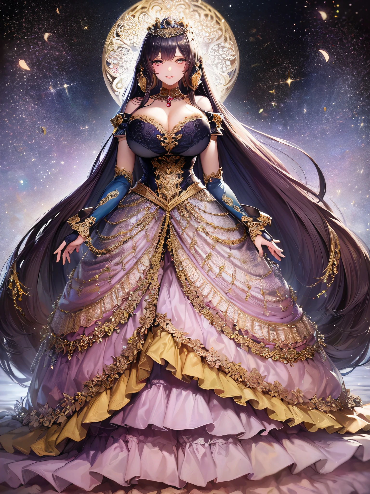 ((anime artstyle)),(Masterpiece),(Best Quality), (Super Detail),(Highly Detailed CG Unity 8k wallpaper),((Very Delicate and Beautiful)),cinematic lighting,1 girl,((full body portrait)),((standing in garden)),((solo)),(((1 fairytale princess in gorgeous embroidery and jeweled extremely gorgeous rococo princess ballgown with voluminous full length hoop skirt))),an hourglass waist,padded and corseted bodice,(((huge crinoline hoopskirt))),long train,((gorgeous embroidery and jeweled)),voluminous frills,See-through,(((extremely gigantic tits,skindentation))),cleavage,((absurdly Long Straight Hair,extremely voluminous Straight long Hair,absurdly Long Straight Hair)),(finely detailed face and eyes),(Blush,Smile),clear pupil,extremely gorgeousfull hair ornament,(bling-bling jeweled extremely gorgeousfull tiara),((bling-bling gorgeous gemstone jewelry)),gorgeous long veil,((ultra long gloves)),(beautiful background),(full body),((gorgeous embroidery and jeweled extremely gorgeous rococo princess ballgown with voluminous full length hoop skirt))