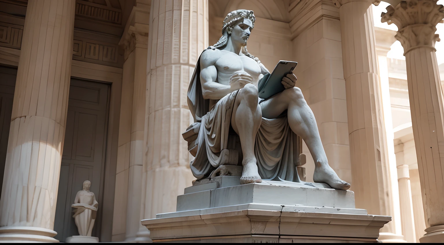 Ancient Greek statue with angry expression, Outside, com rosto extremamente detalhado full body view, Colors with low saturation with dark tone, Filmado em Sony A7S III com Sony FE 35mm f/1.8, 12.1 MP, --AR 3:2 --estilo cru
