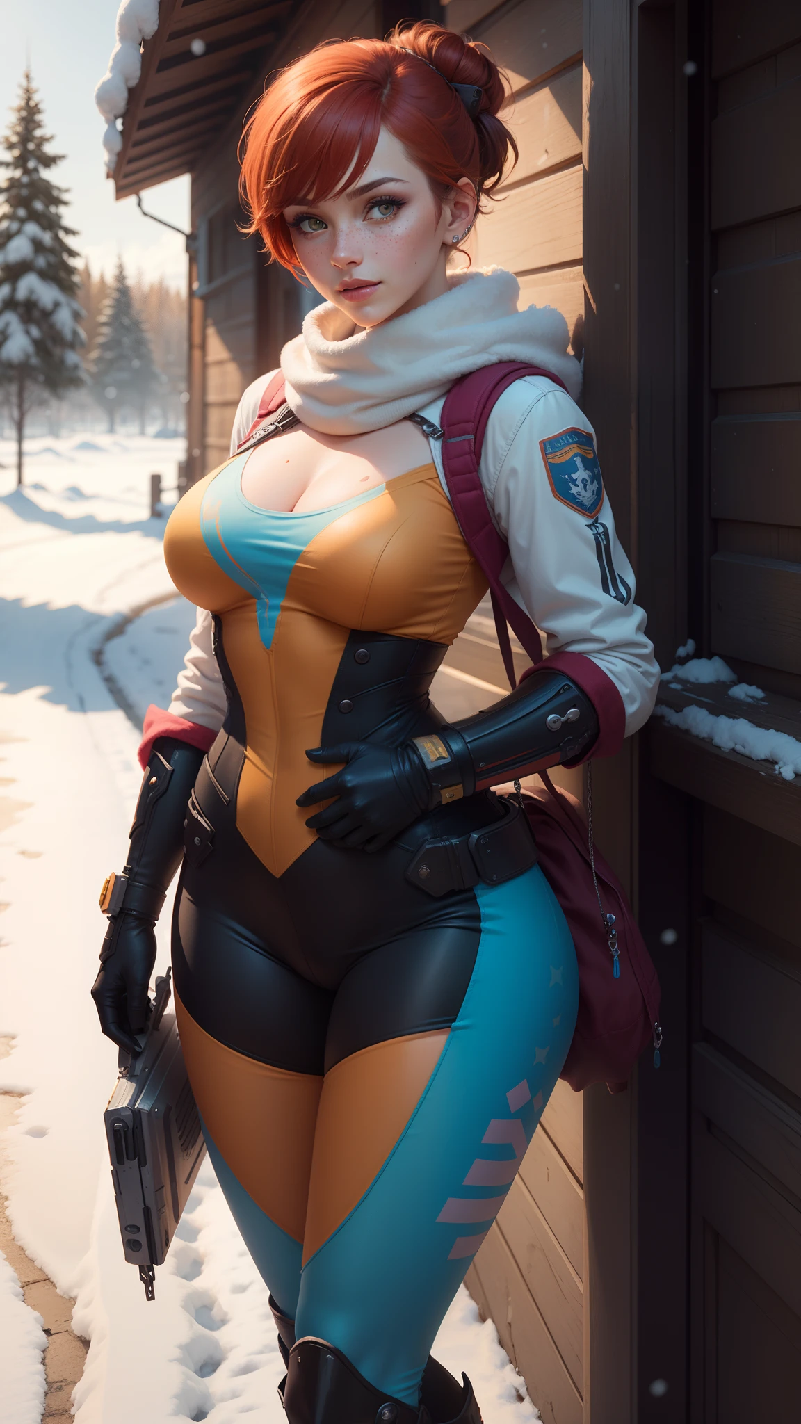 gwen tennyson,1girl,tracer,d.va,rebecca chambers,overwatch,gundam,close up,mecha pilot,winter village,orange and red plugsuit,hair pin,pirate corset, white long sleeve lycra top,black leggings,short hair,cute makeup,green eyes,orange and blue hair,shy smile, freckles,redhead,beautiful girl,large breasts,ultra detailed,realistic,fantasy art,military uniform,winter jacket,snow scarf,mecha uniform,thigh high boots,