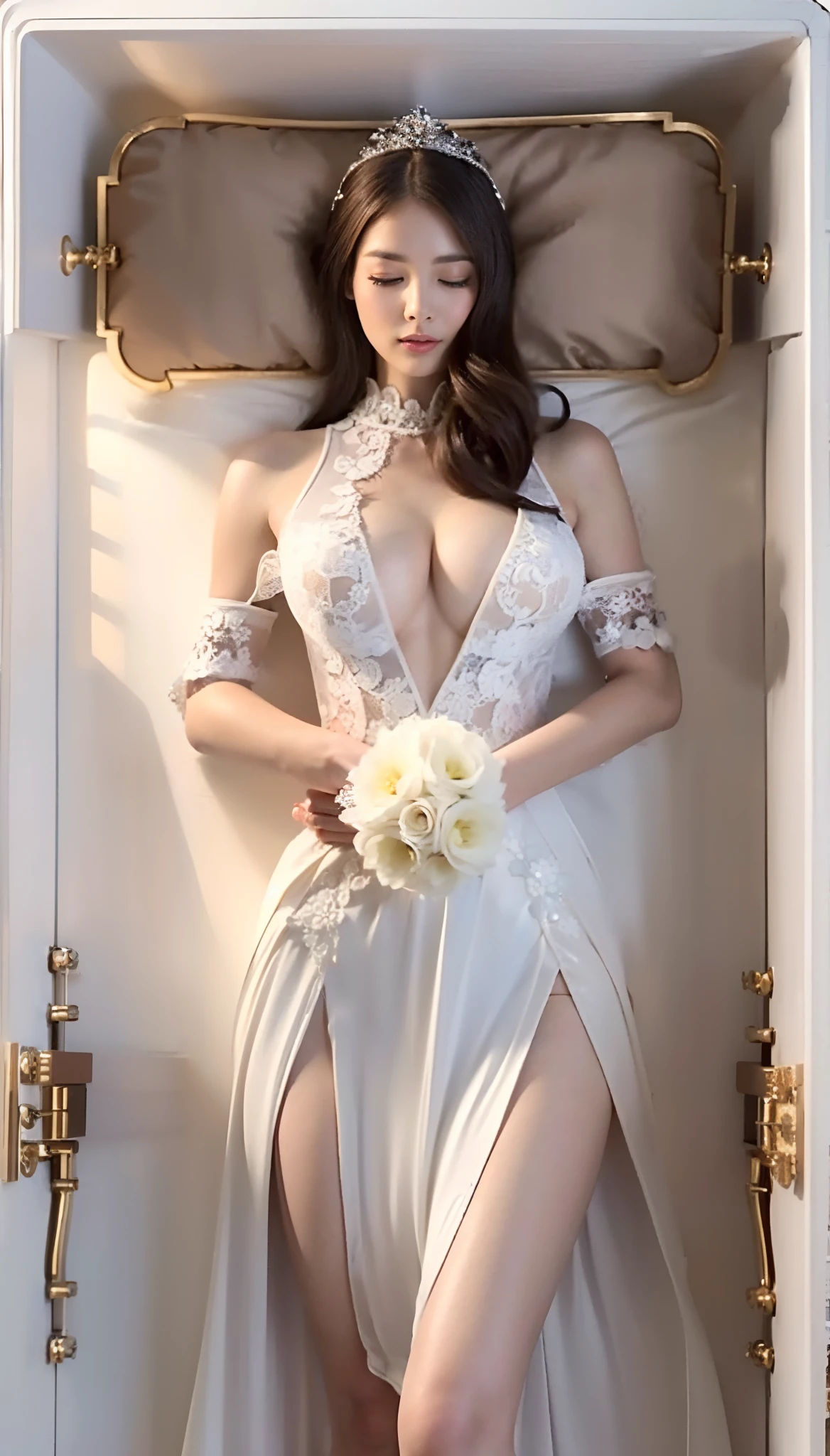 (realistic, photo-realistic:1.37), (masterpiece, best quality:1.2), (ultra high res:1.2), (RAW photo:1.2), (sharp focus:1.3), (face focus:1.2), (Extremely detailed CG unity 8k wallpaper:1.2), (beautiful skin: 1.2), (pale skin:1.3), (hyper-sharp focus: 1.5), (ultra-sharp focu:1.5), (beautiful clean face:1.3), (ultra-detailed background, detailed background:1.3), bokeh, depth of field, BREAK, Photo of extremely cute and beautiful Japanese woman, (bride), professionattire, (22yo:1.1), light smiling girl portrait, full body image, When viewed from the front, the composition is symmetrical, (cinematic light:1.3), (back light:1.3), (face light:1.3), lighting full-covered her whole body, looking straight at you, standing, sexy model pose, BREAK, (chestnut half-up hair:1.2), beautiful eyes, princess eyes, mahogany hair, single hair, bangs, slender, abs, (huge breast;1.35), (narrow waist:1.15), (detailed beautiful girl:1.4), (pure-white luxury satin wedding dress:1.3), ((light smile:1.1), ((perfect female body)), (upper body image:1.3), perfect dramatic, volumetric lighting, professional majestic oil painting, shiny skin, ct anatomy, perfect proportion, 8.5 life size, face focus, ultrarealistic photo, hyper-sharp image, hyper detailed image, ((closed eyes)), ((mouth closed)), (((heads are on pillow))), (interlocked_fingers:1.2), (own_hands_together:1.2), high details, ((holding a flower bouquet)), ((straight body)), ((straight legs)), ((round breasts)), ((sexy cleavage)), (((white casket))), ((casket view))