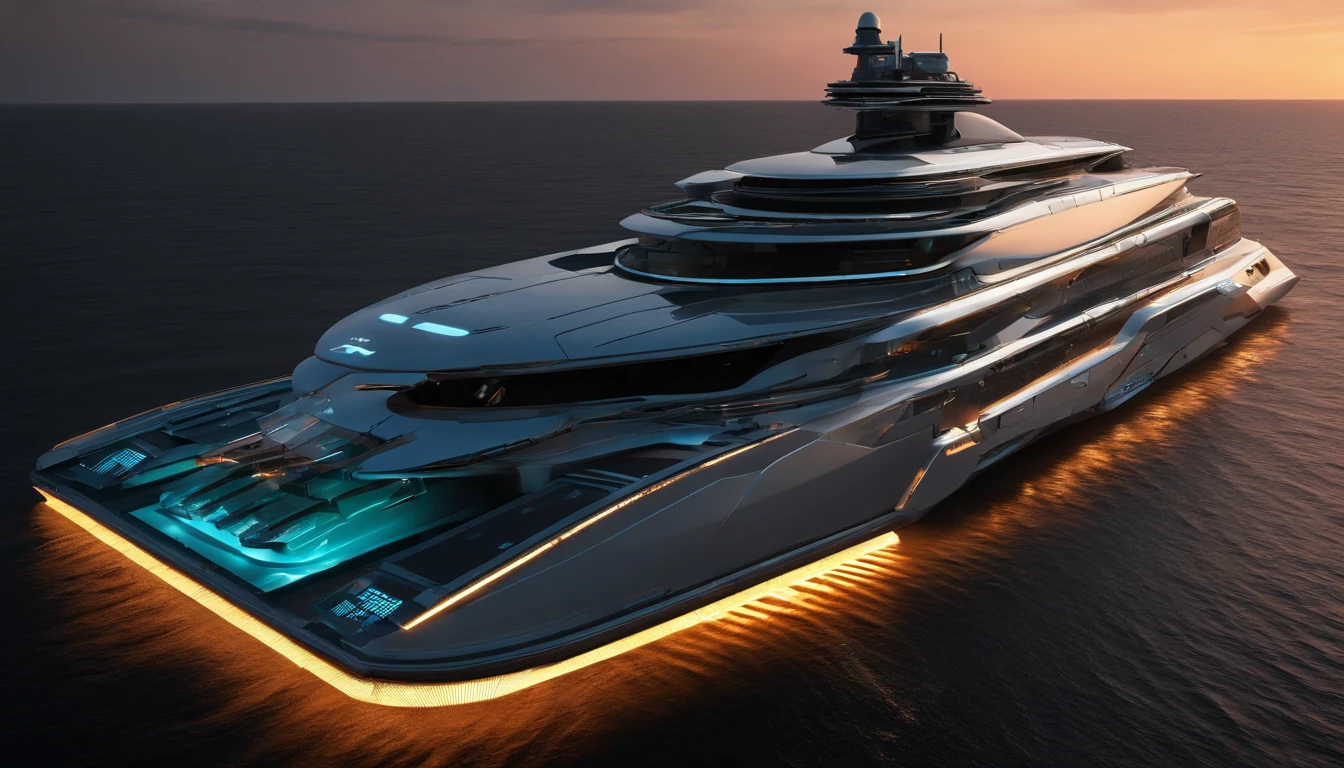 Create a captivating image of a futuristic luxury yacht in the style of Star Wars photographed from a bird's-eye view at sunrise, surrounded by the mist of a tranquil bay in the Maldives. The ethereal atmosphere in the style of Star Wars, captured with drone photography, should evoke the style of Jimmy Chin.