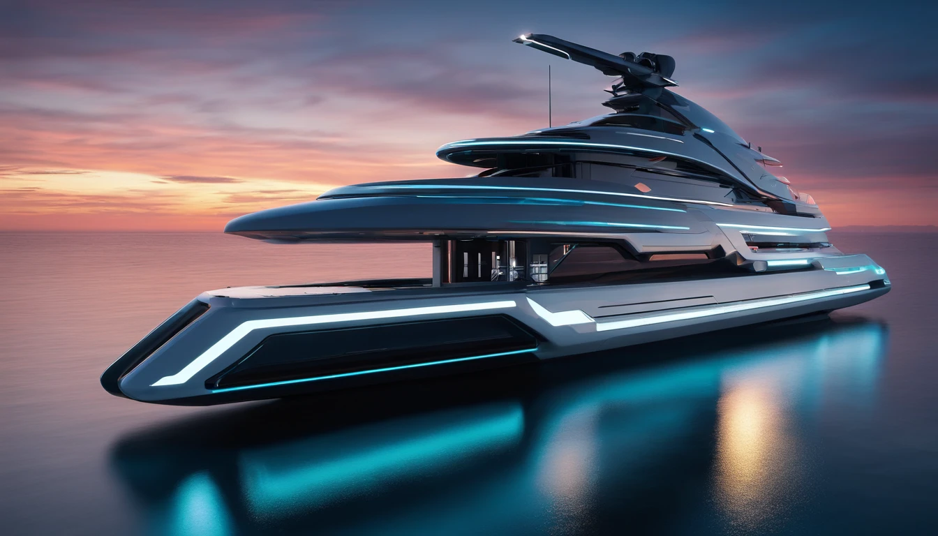 Create a captivating image of a futuristic luxury yacht in the style of Star Wars photographed from a bird's-eye view at sunrise, surrounded by the mist of a tranquil bay in the Maldives. The ethereal atmosphere in the style of Star Wars, captured with drone photography, should evoke the style of Jimmy Chin.