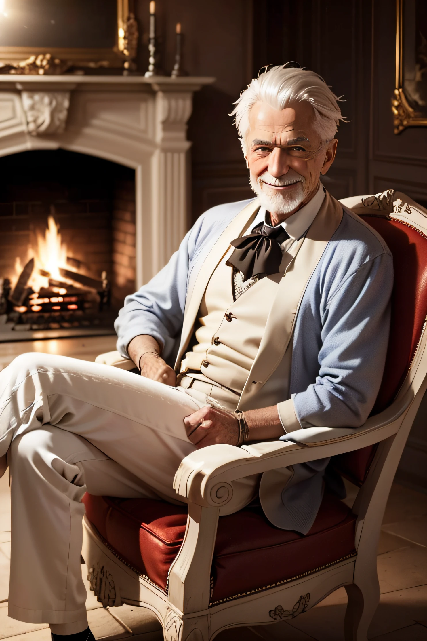 Old man with silver hair looking at the camera, sourire heureux, Grand sourire, avec un costume simple, homme de 75 ans, gaga, in a house with a fireplace sitting on an armchair