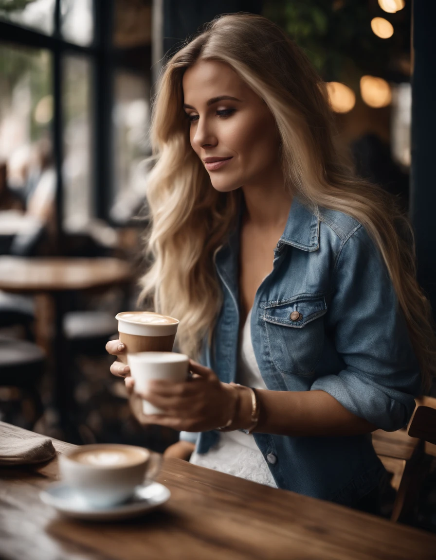 25 year old woman drinking coffee in trendy café, Long hair, Blonde hair, Stylish clothes, jeans.full bodyesbian、outside of house