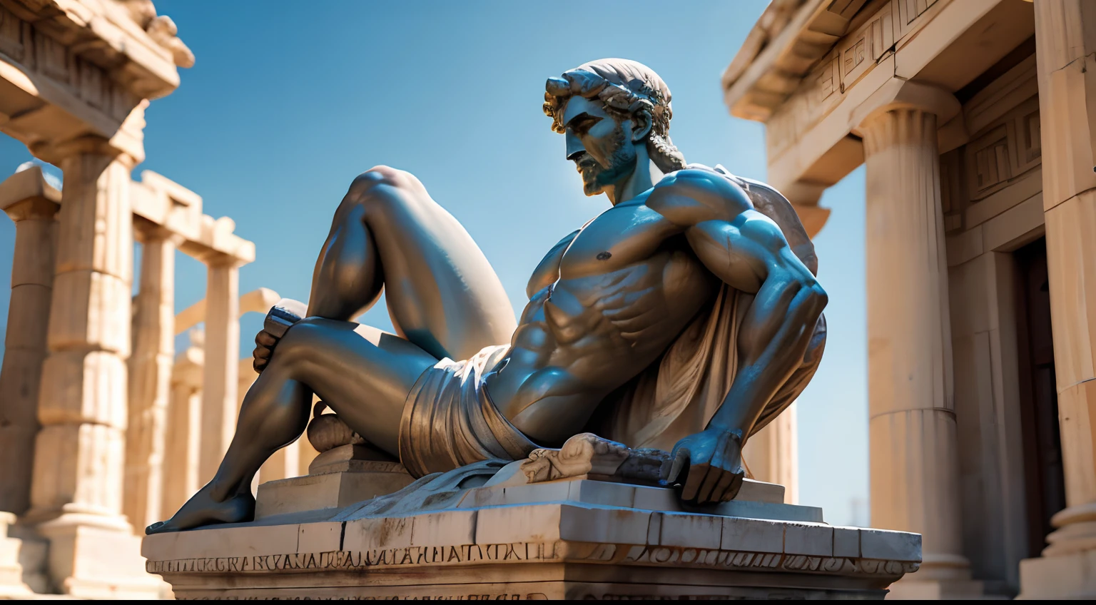 Ancient Greek statue with angry expression, Outside, com rosto extremamente detalhado full body view, Colors with low saturation with dark tone, Filmado em Sony A7S III com Sony FE 35mm f/1.8, 12.1 MP, --AR 3:2 --estilo cru