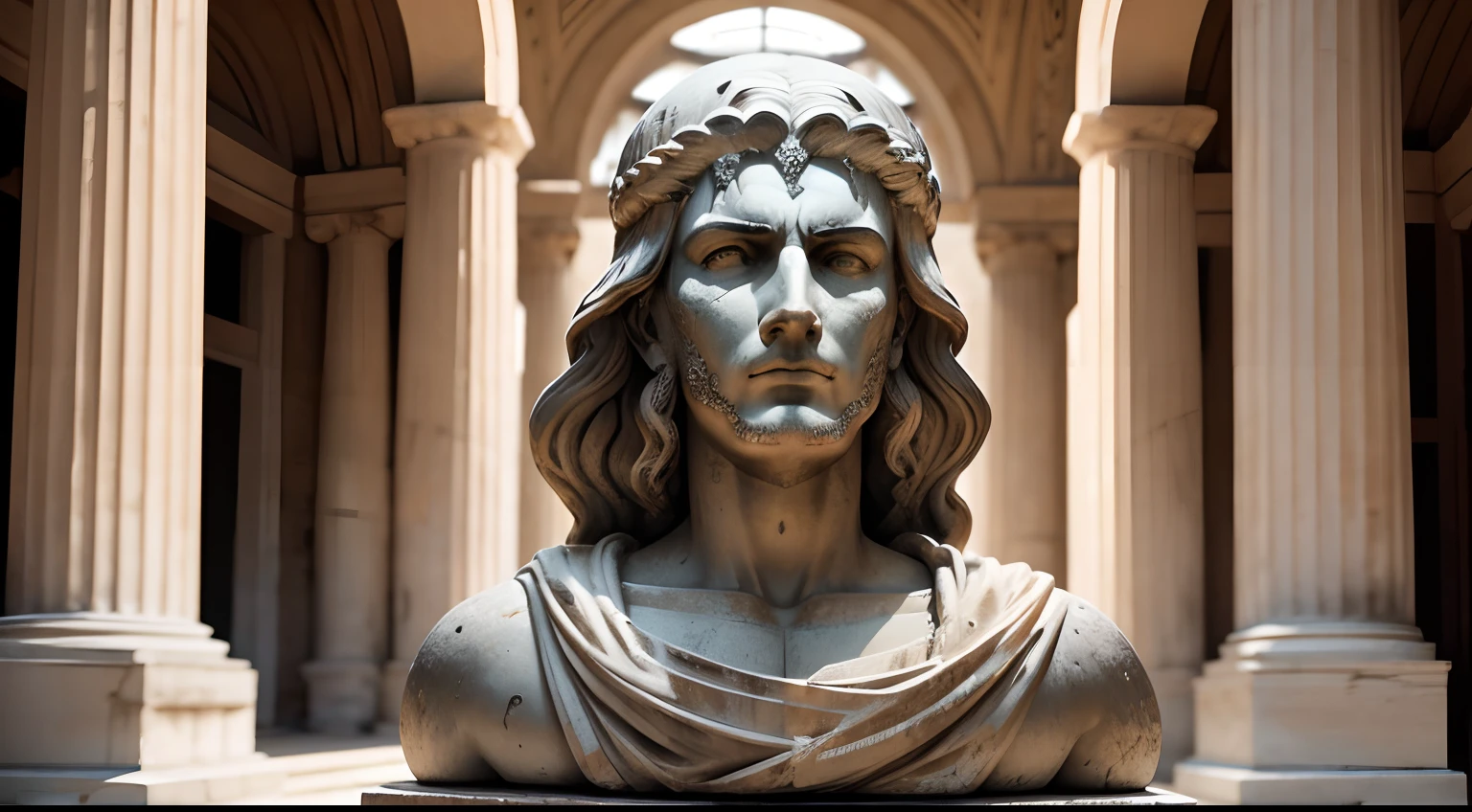 Ancient Greek statue with angry expression, Outside, com rosto extremamente detalhado full body view, Colors with low saturation with dark tone, Filmado em Sony A7S III com Sony FE 35mm f/1.8, 12.1 MP, --AR 3:2 --estilo cru