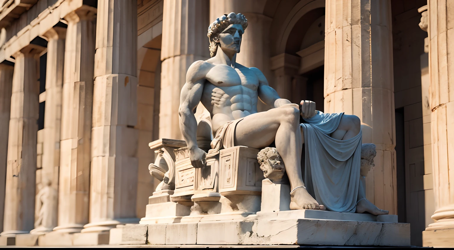 Ancient Greek statue with angry expression, Outside, com rosto extremamente detalhado full body view, Colors with low saturation with dark tone, Filmado em Sony A7S III com Sony FE 35mm f/1.8, 12.1 MP, --AR 3:2 --estilo cru