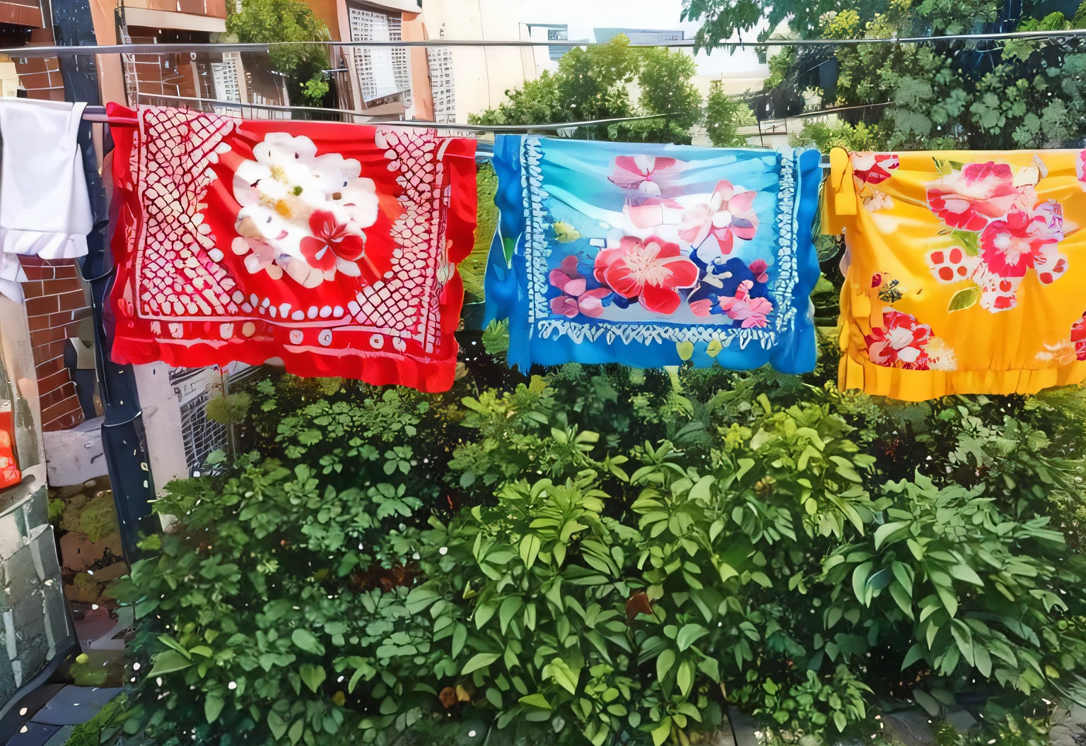 Several colorful towels hung on a clothesline in a garden, Banners de tela, vendimia!, pasar un buen rato, Toallas brillantes, lonas de seda colgantes, El sol brilla, Una hermosa, Ropa colgada, un impresionante, in a sunny day, Bandanas, morning detail, un hermoso, on a brilliant day, vendimia, maravillosa obra maestra, a gorgeous, El sol brilla